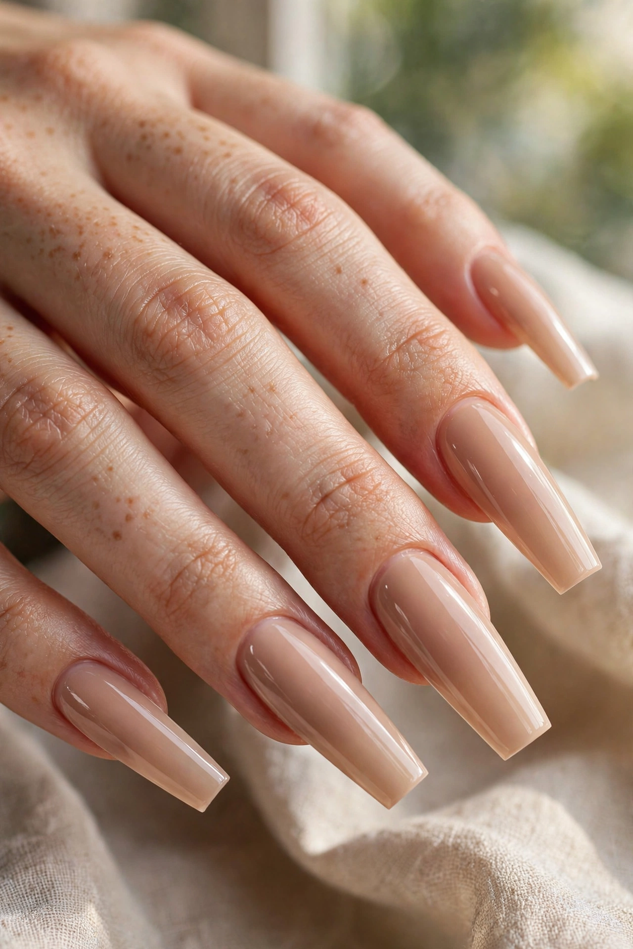 Classic nude coffin acrylic nail designs with a glossy finish
