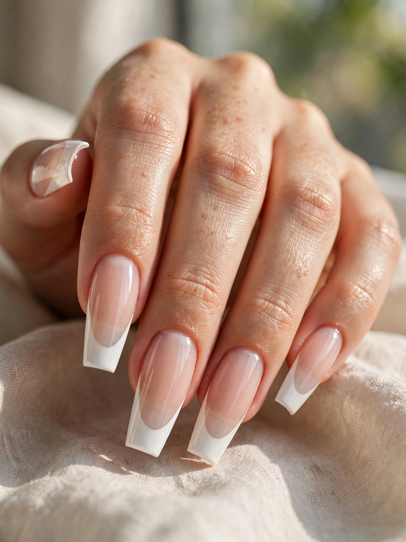 French tip coffin acrylic nail designs with classic white tips
