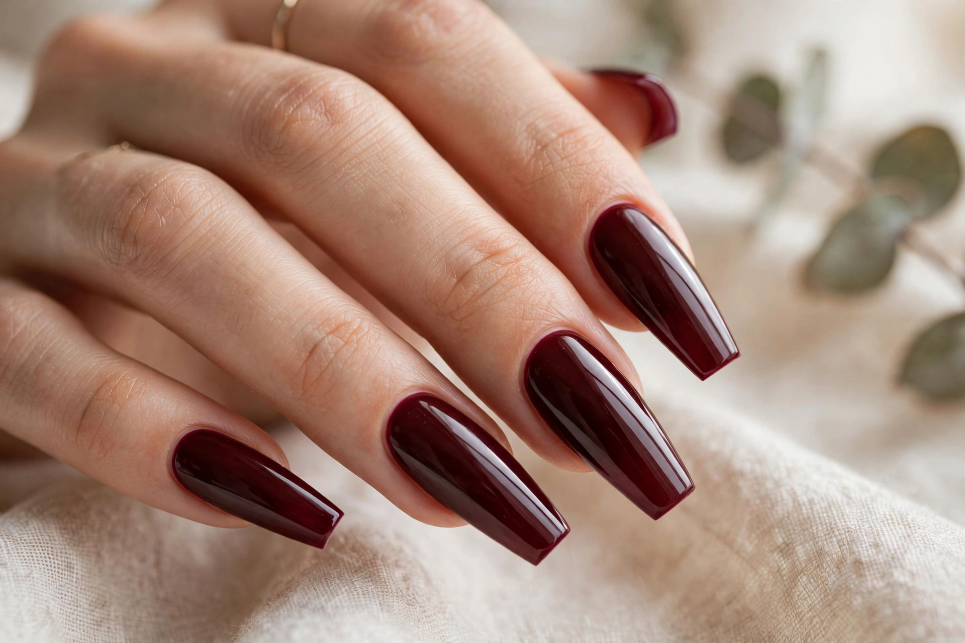 Burgundy coffin acrylic nail designs for a rich glamorous manicure
