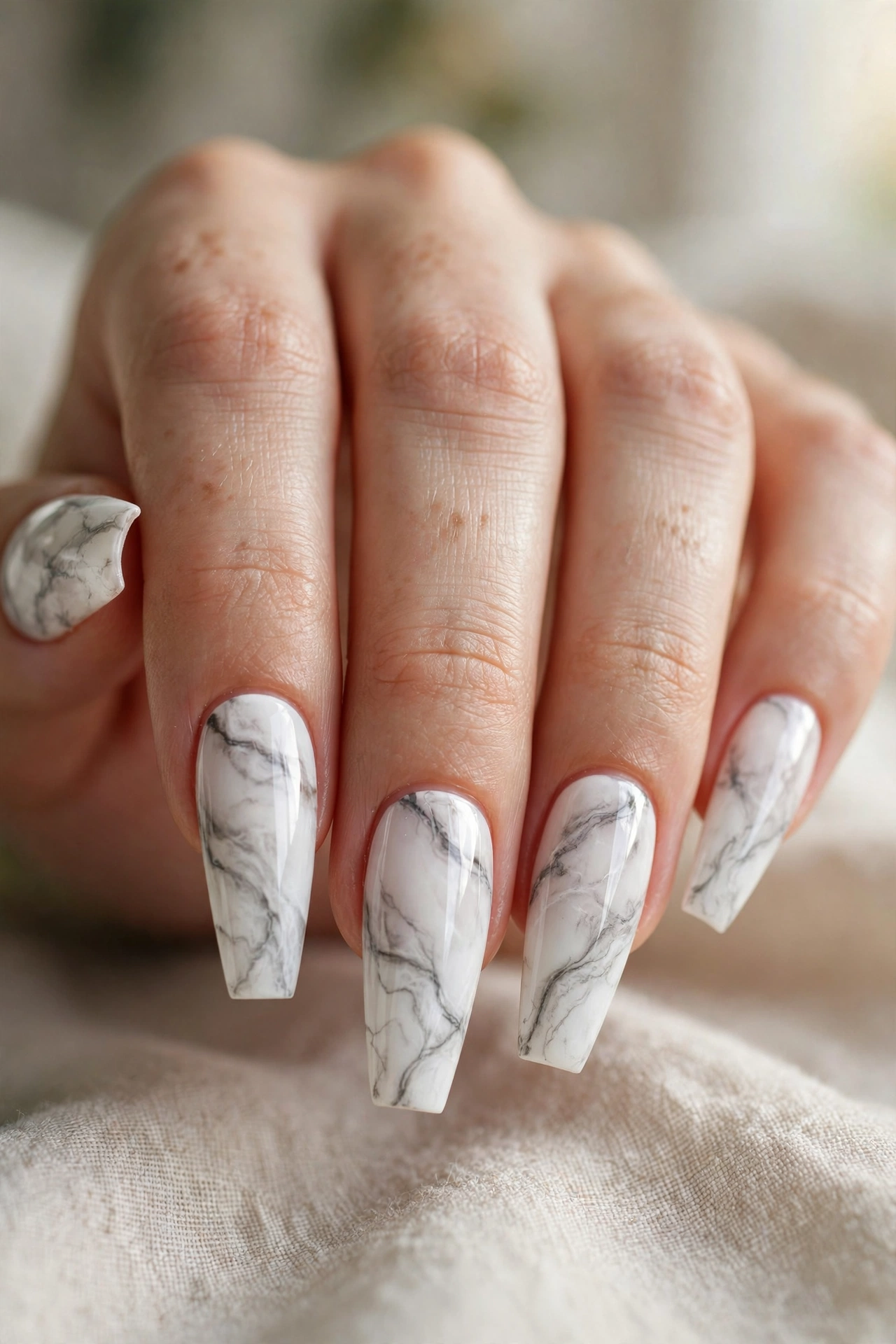 Marble coffin acrylic nail designs with elegant white and grey veining