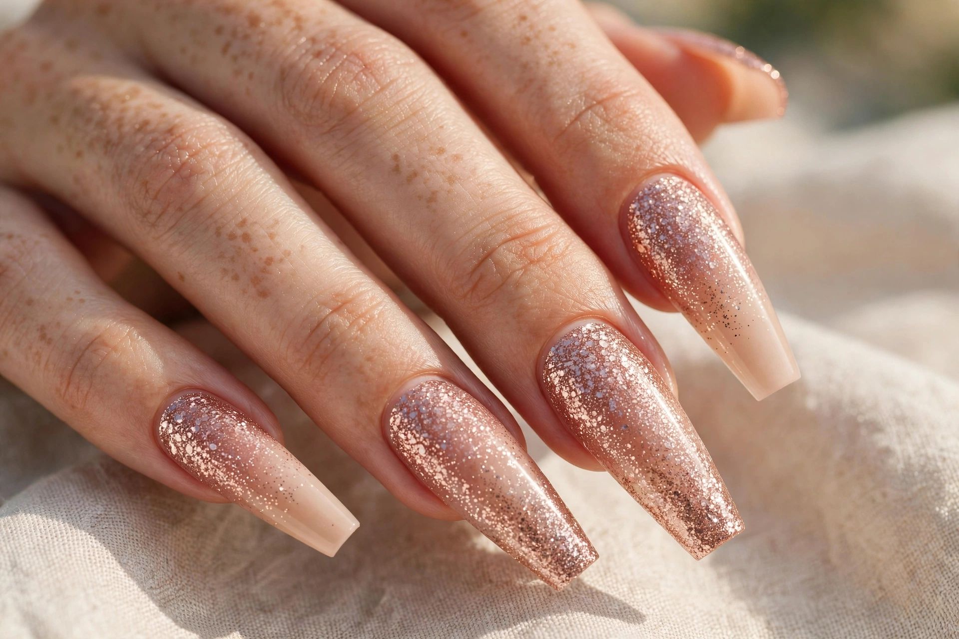 Glitter ombré coffin acrylic nail designs fading into sparkle