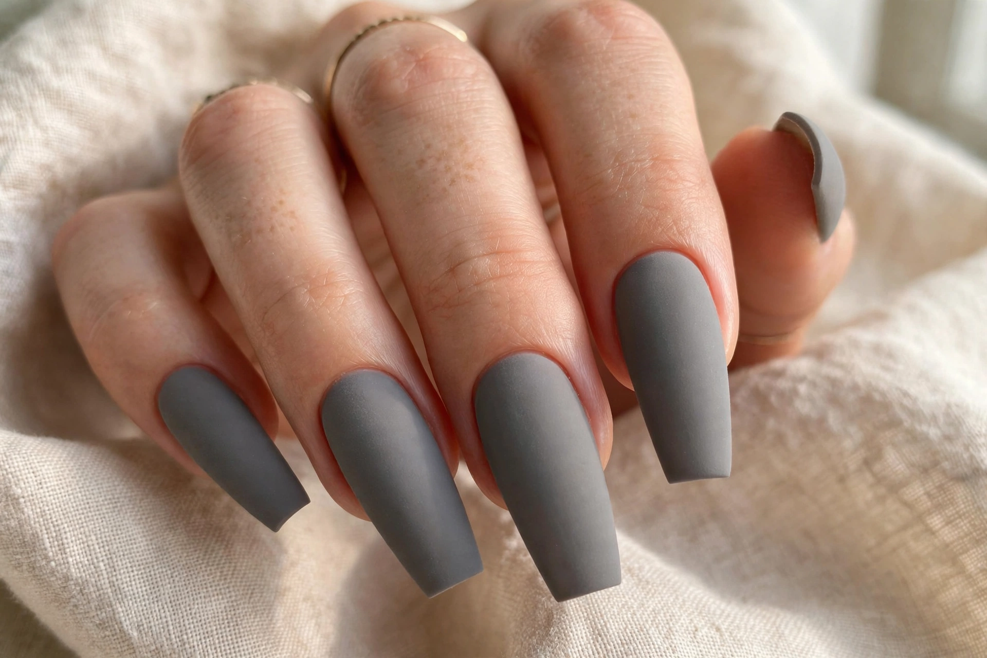 Matte grey coffin acrylic nail designs with a modern velvety finish