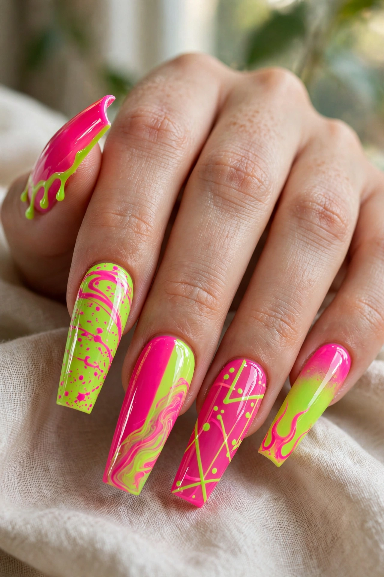 Neon coffin acrylic nail designs in bright electric shades