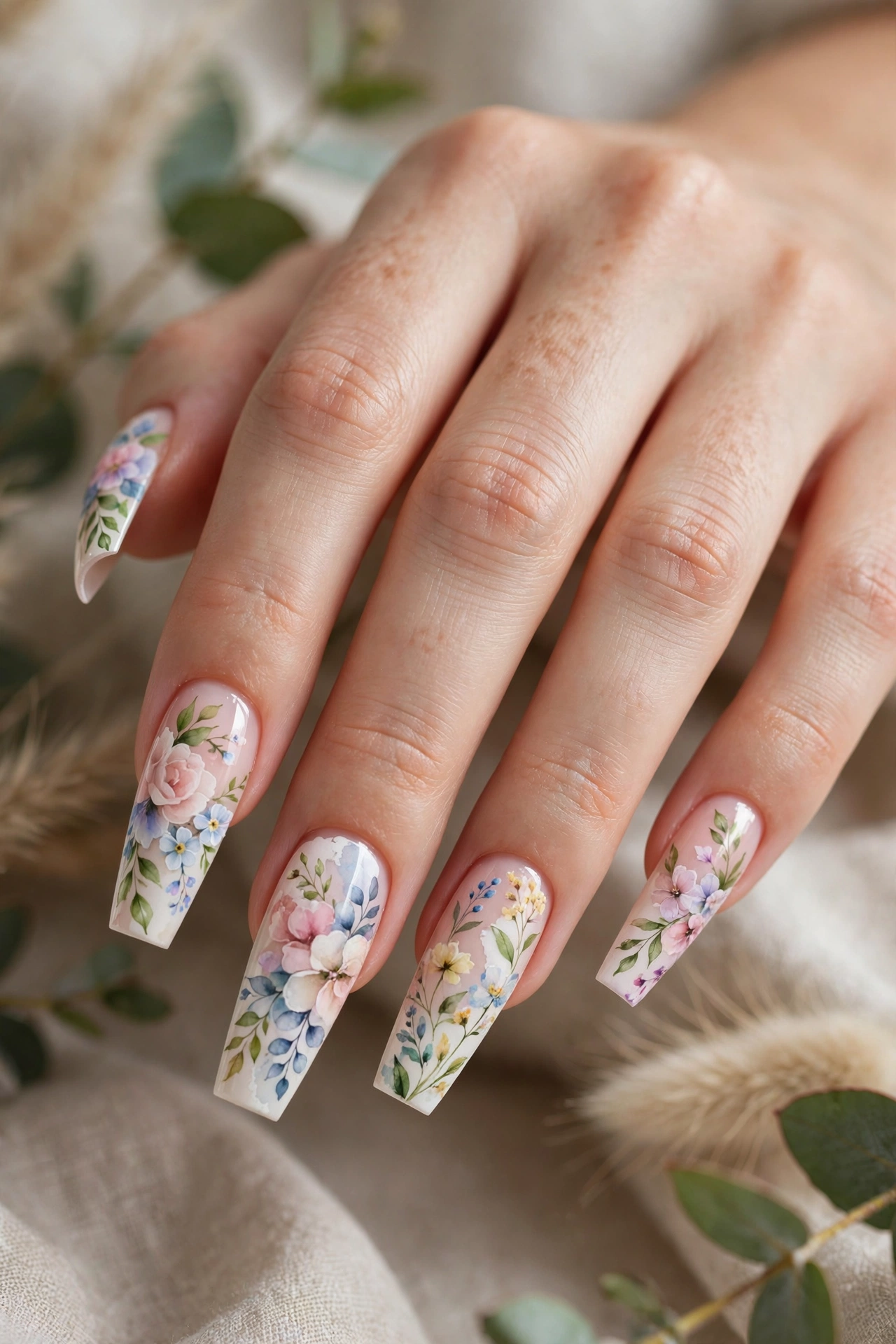 Floral coffin acrylic nail designs with hand-painted blooms