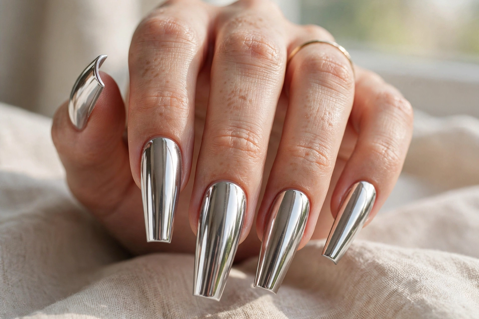 Chrome coffin acrylic nail designs with a mirror-shine finish