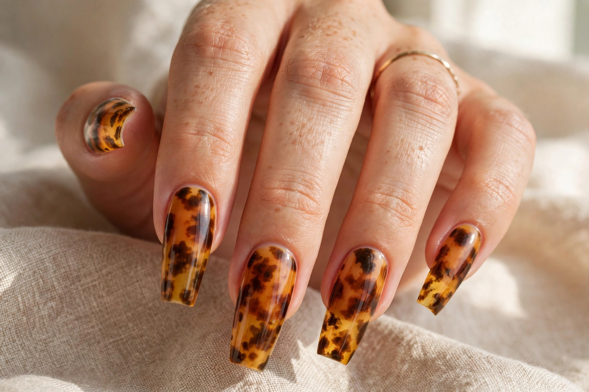 Tortoiseshell coffin acrylic nail designs with amber mottled art