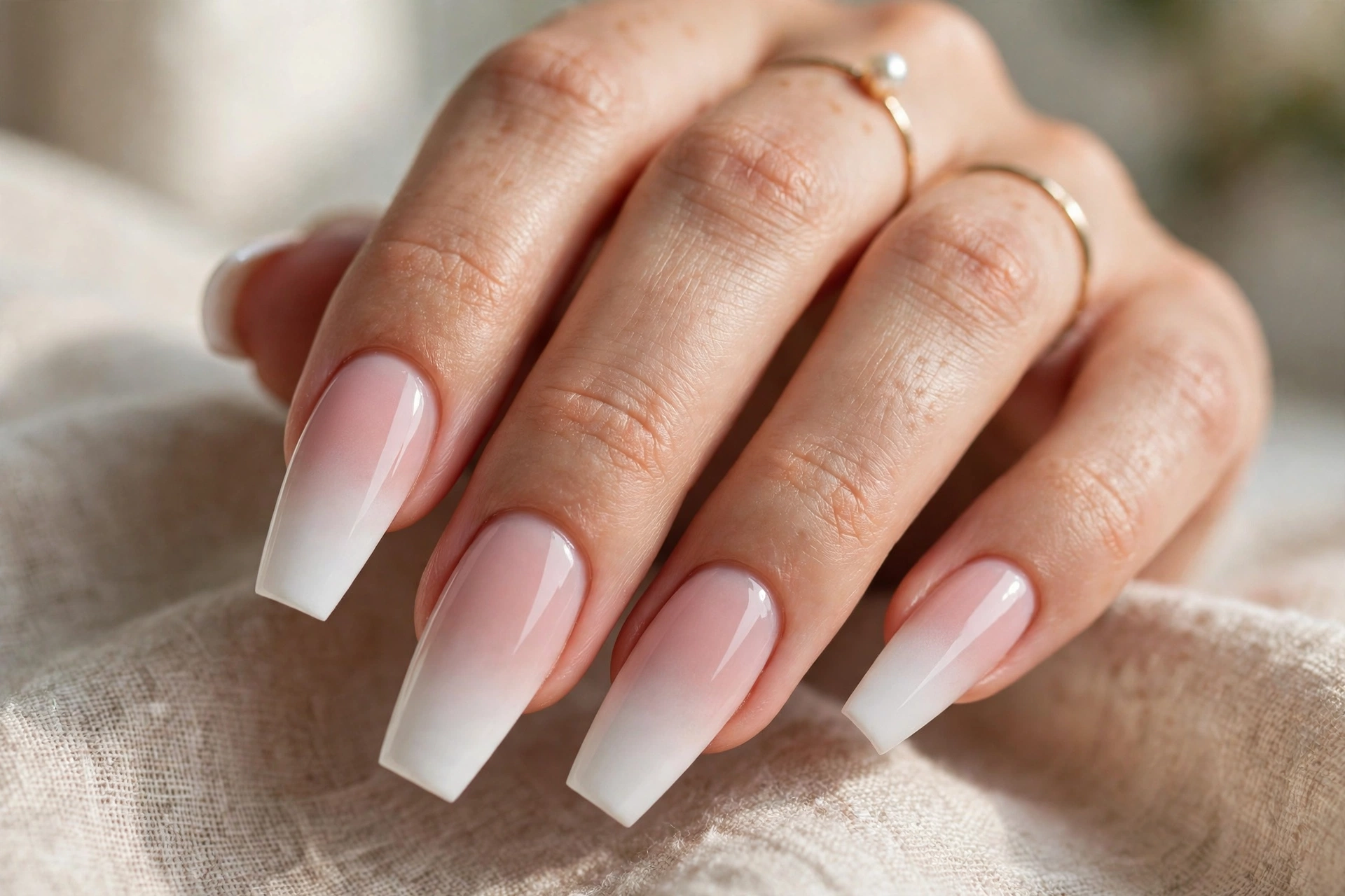 Baby boomer coffin acrylic nail designs with a soft pink-white fade