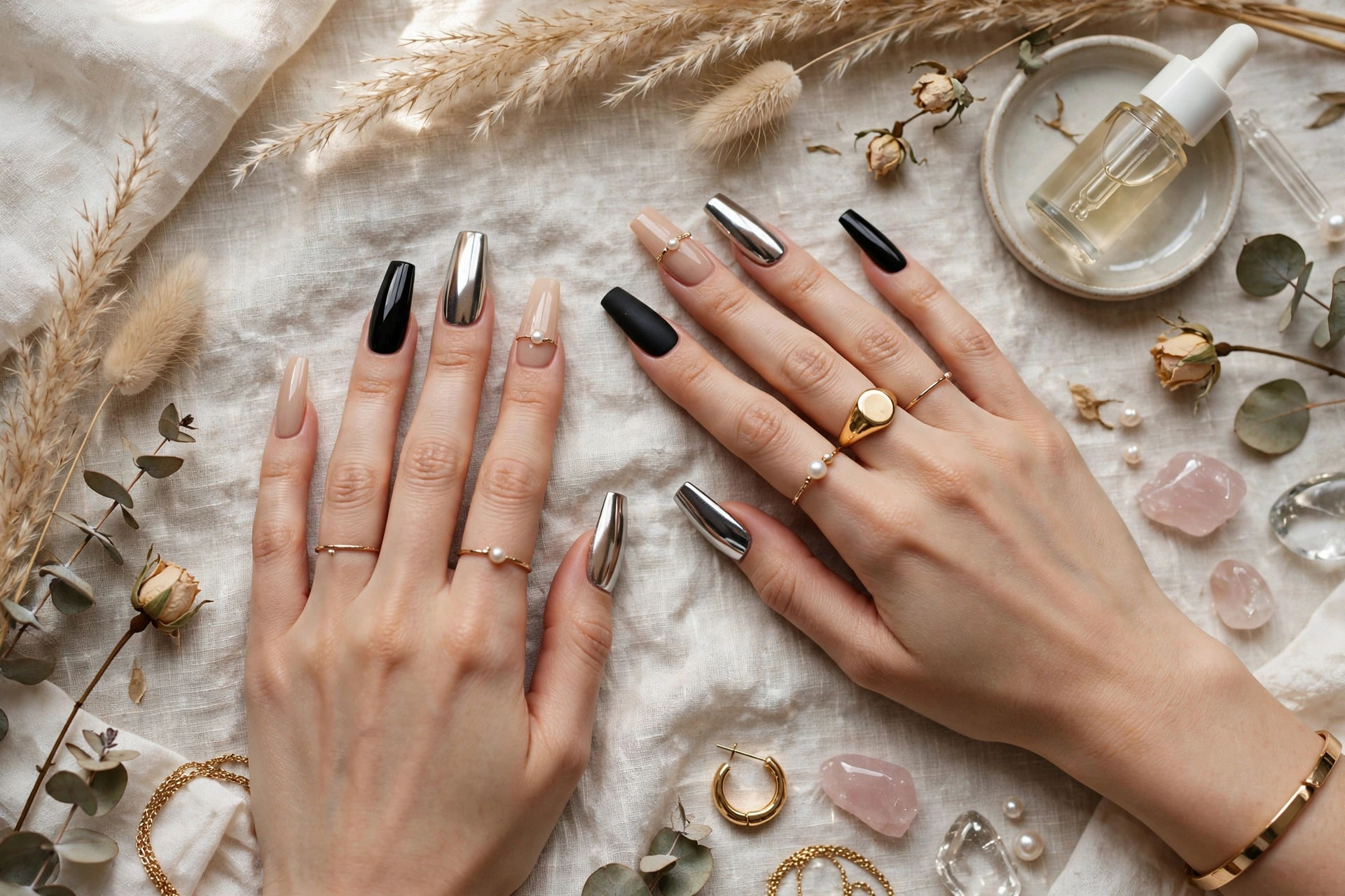 Trendy acrylic nail designs on bold coffin nail shapes in nude, black and chrome