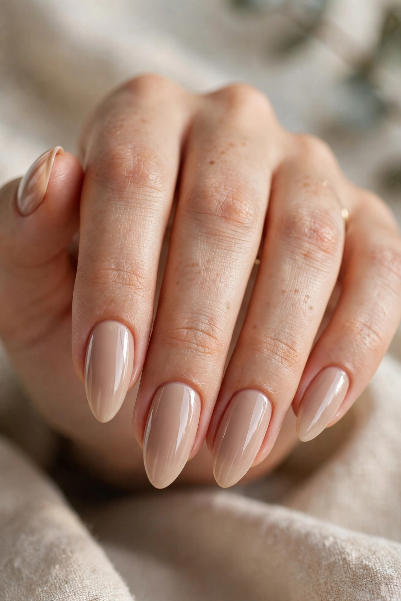 Classic nude almond nail designs with a glossy elegant finish
