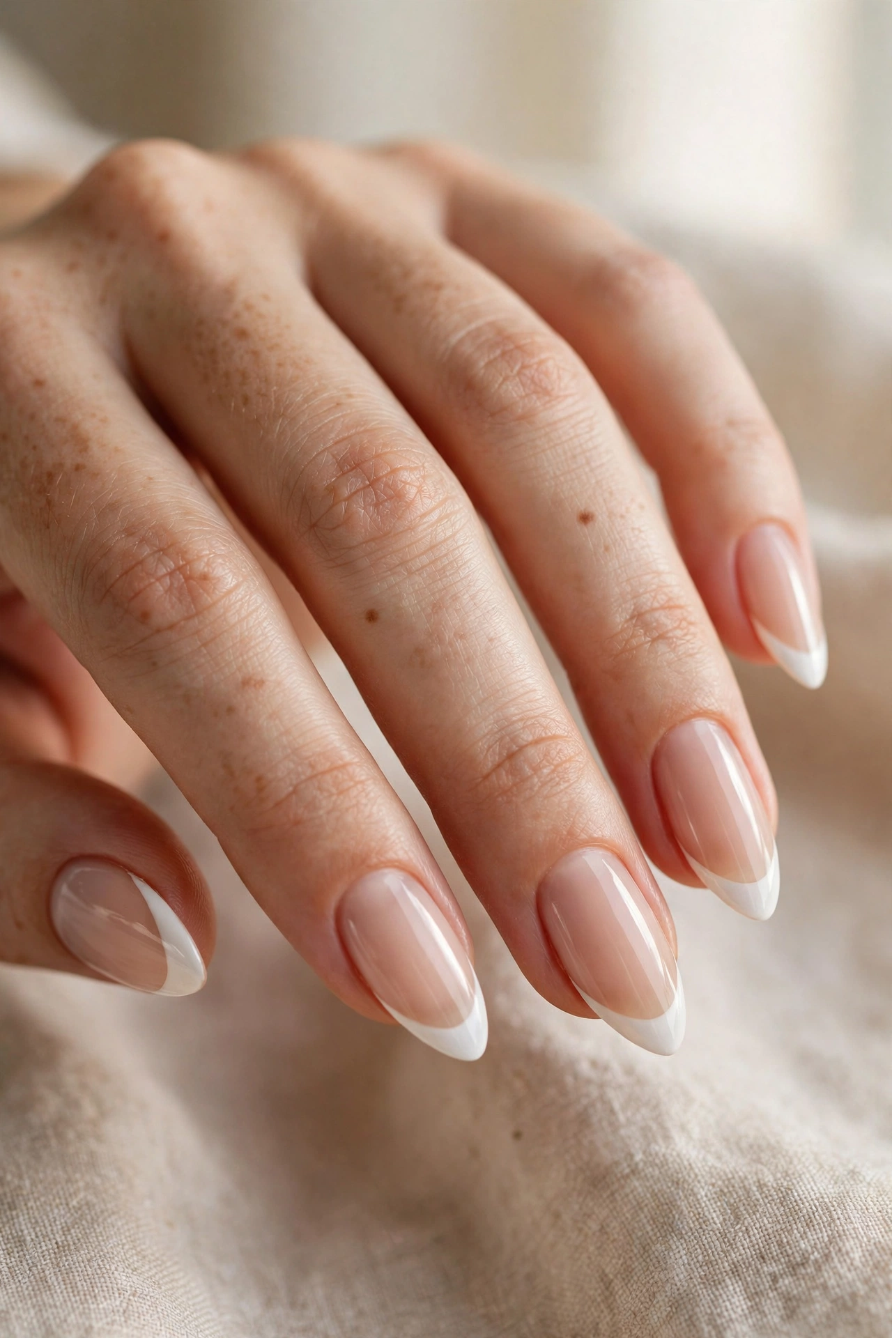 Almond French tip nail designs with classic white smile lines