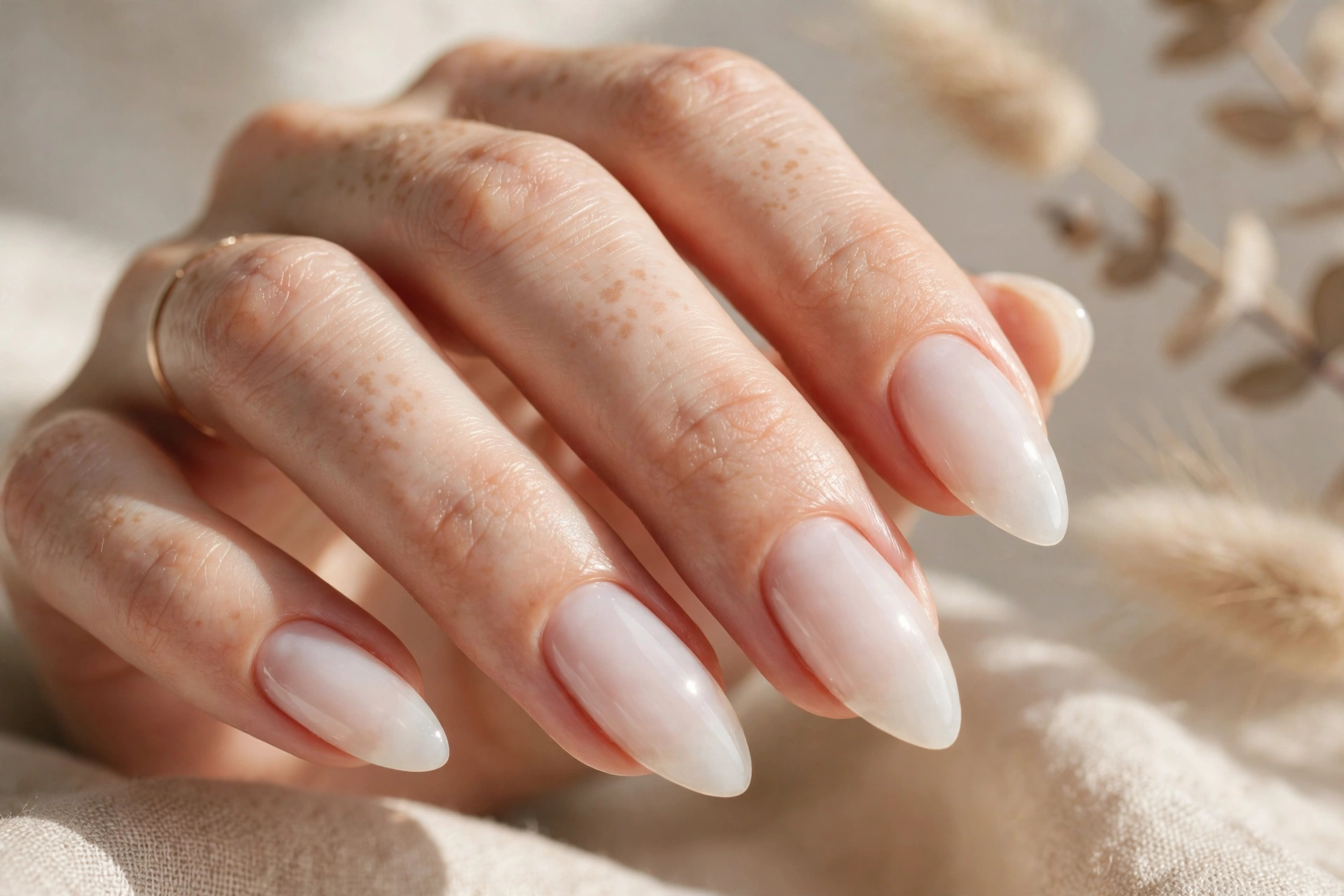Milky white almond nail designs for a clean fresh manicure