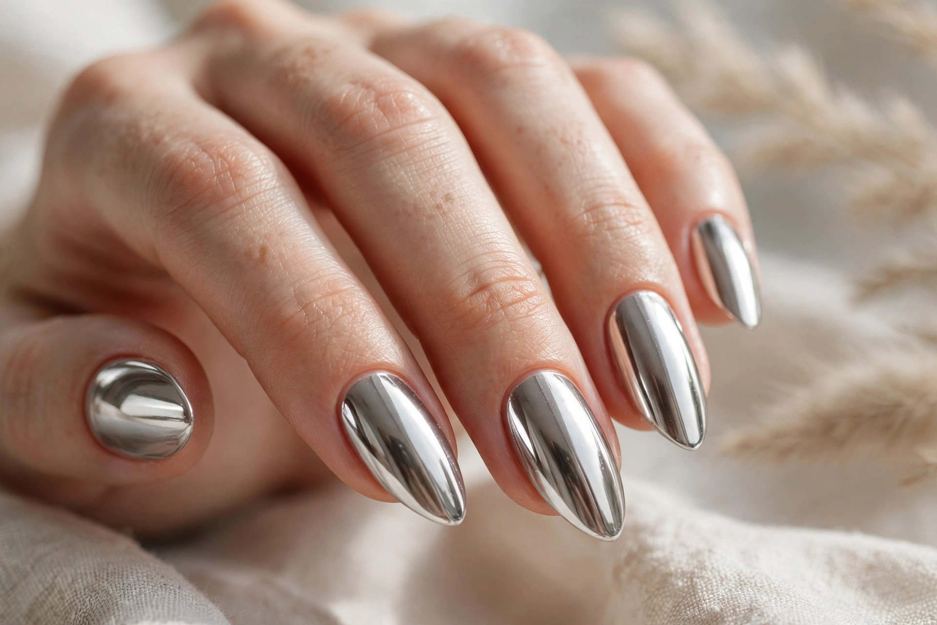 Almond chrome nail designs with a mirror-like reflective finish
