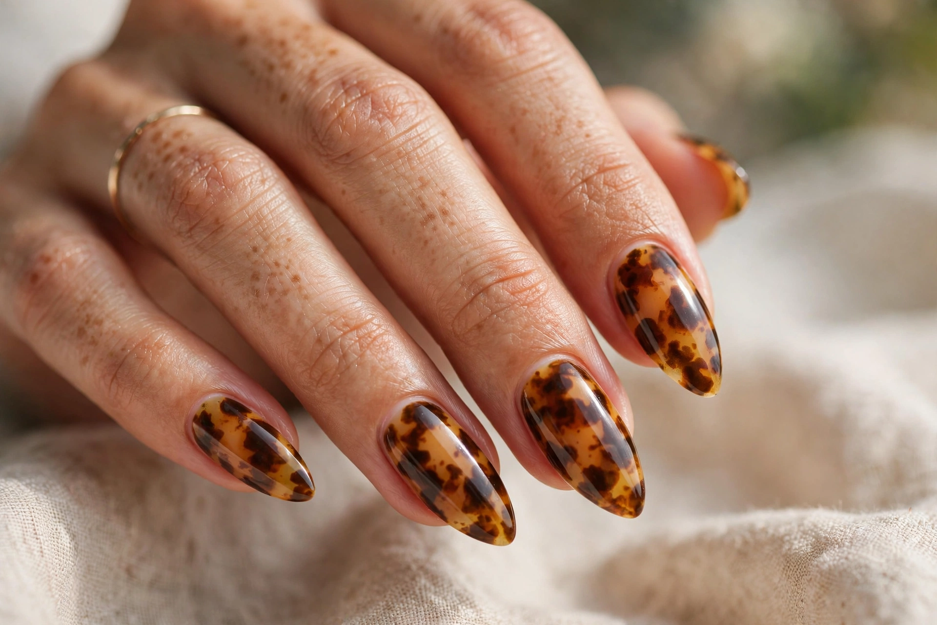 Tortoiseshell almond nail designs with amber mottled pattern
