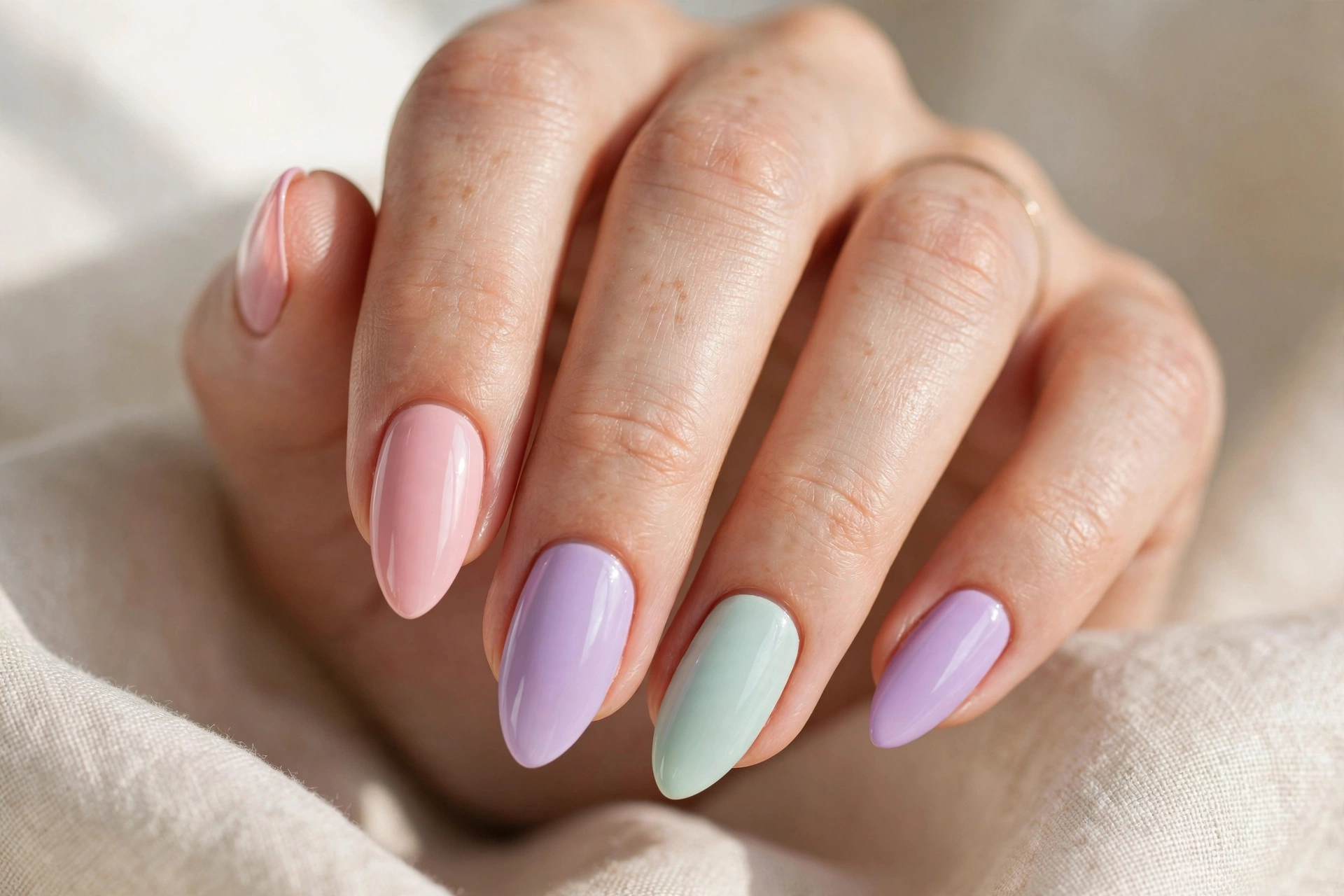 Pastel almond nail designs in soft candy colours