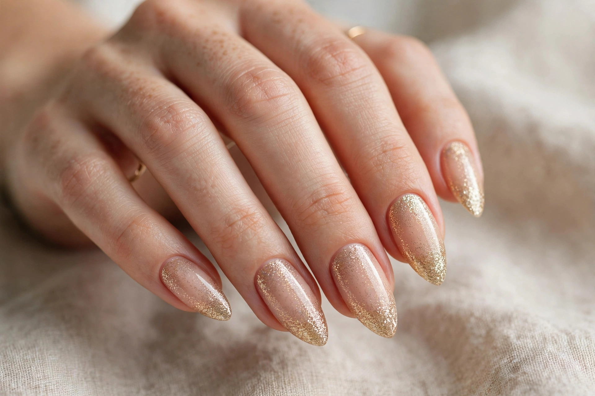 Glitter ombré almond nail designs fading from nude to sparkle