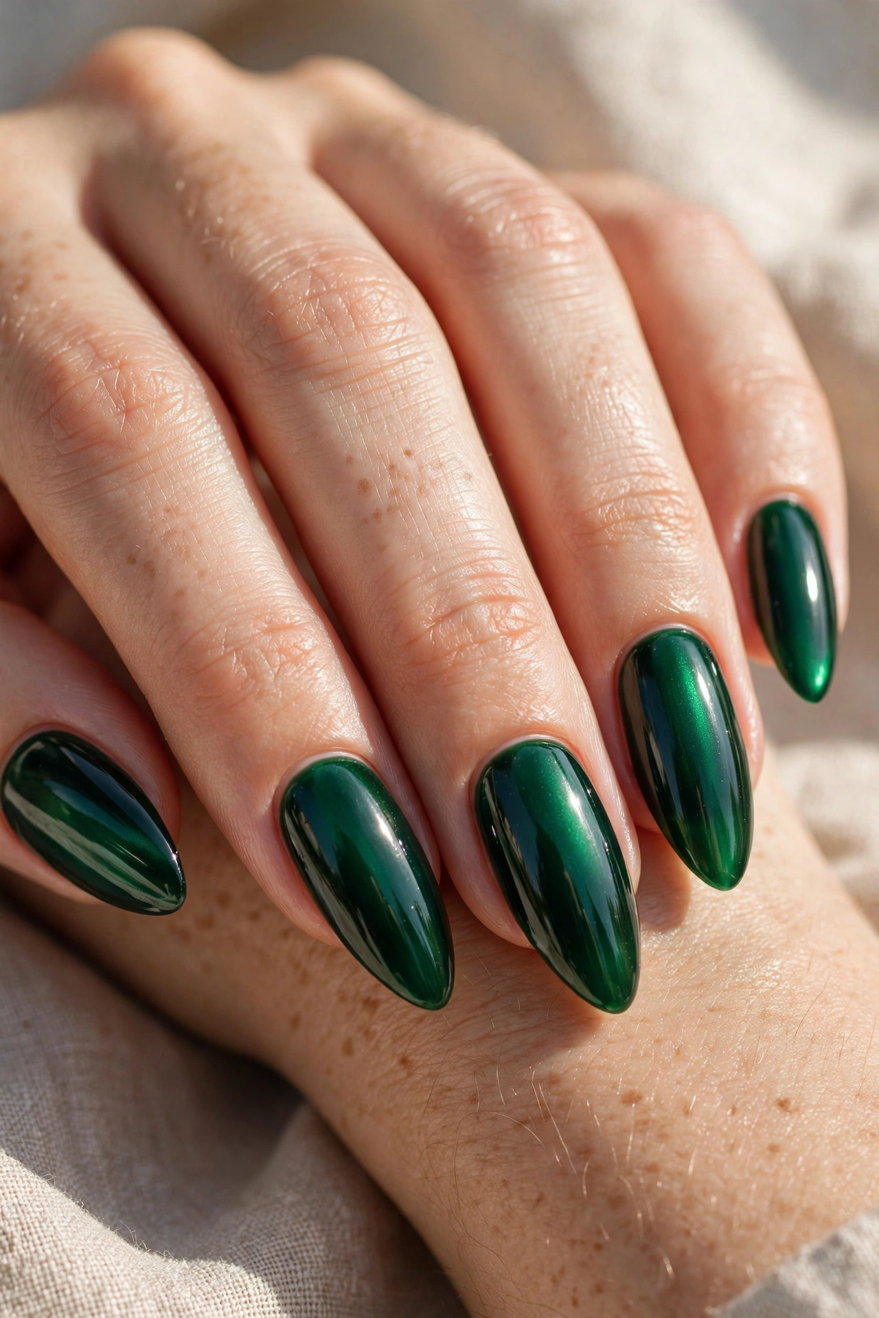 Deep green almond nail designs for a luxurious moody manicure
