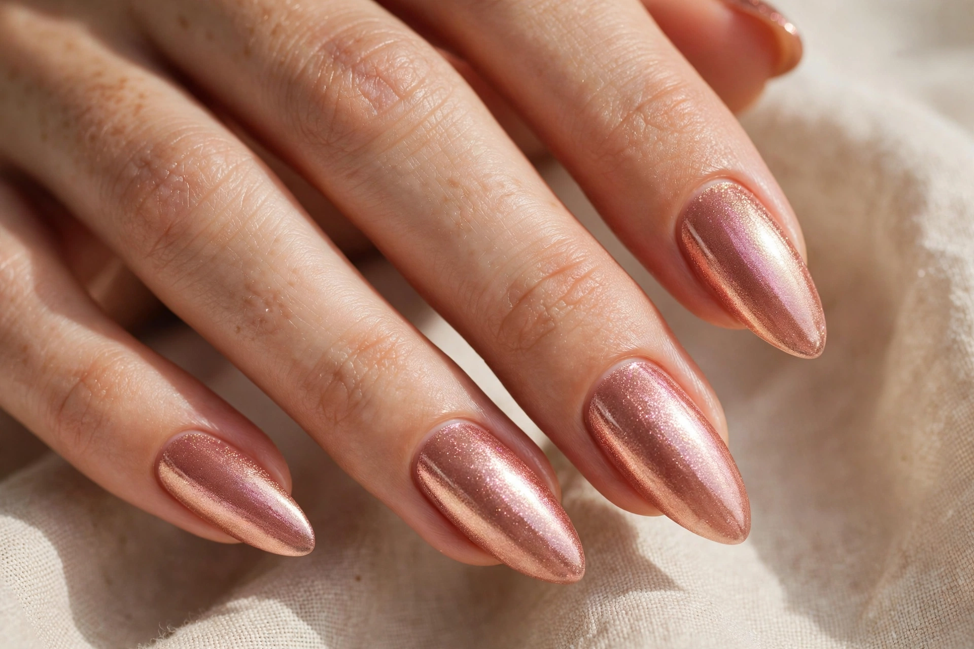 Rose gold almond nail designs with a warm metallic glow