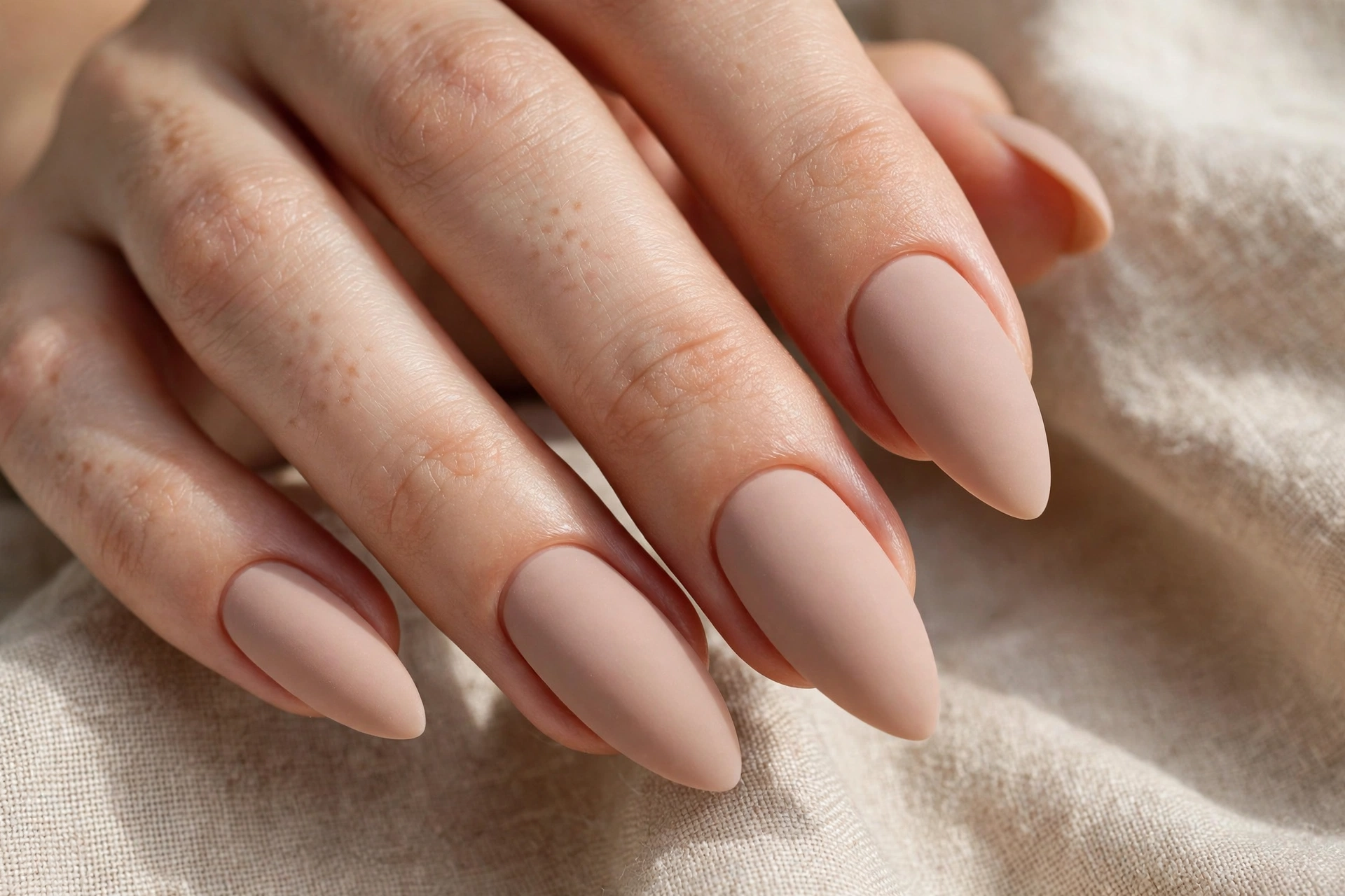 Matte nude almond nail designs with a velvety modern finish