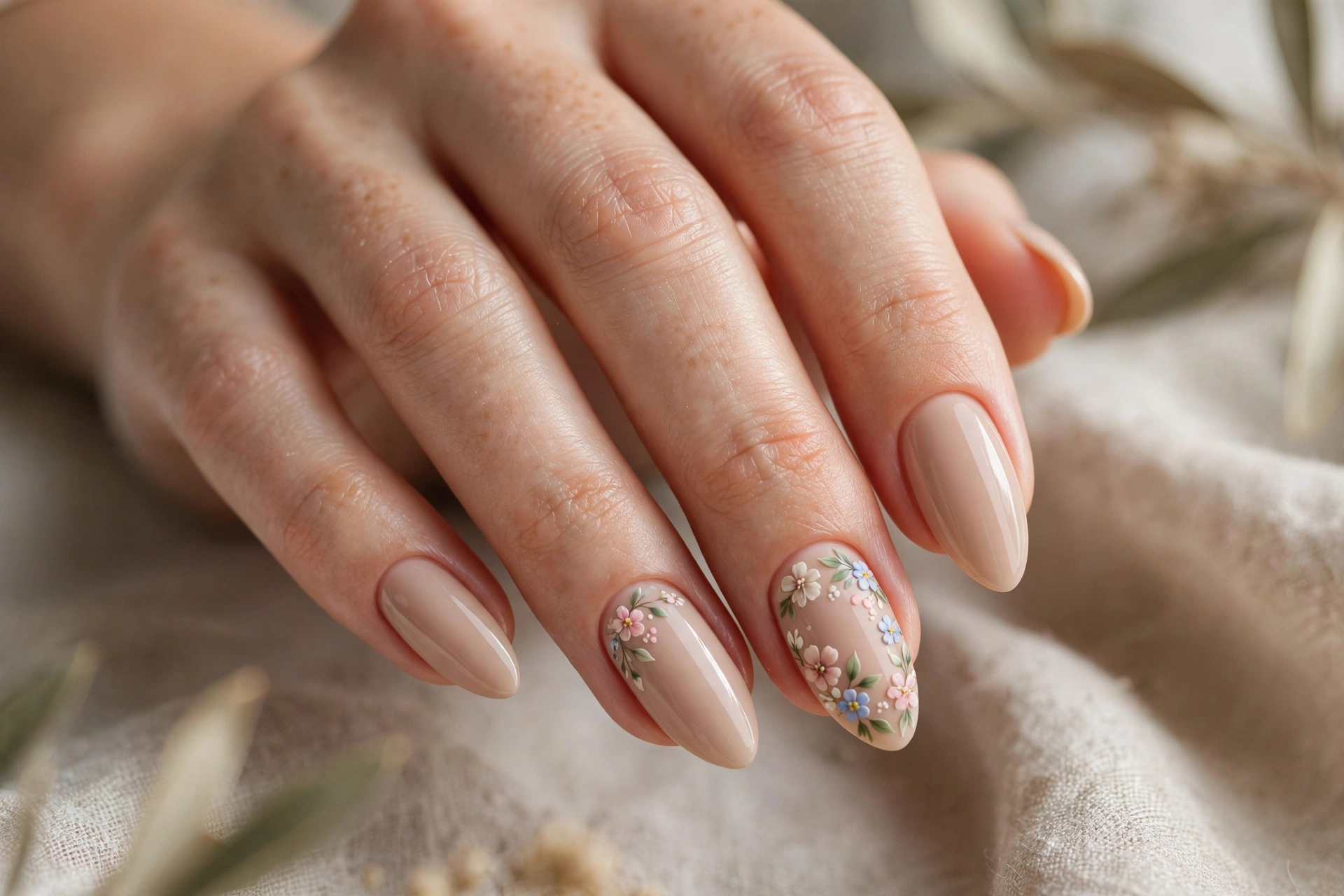 Floral accent almond nail designs with delicate hand-painted blooms