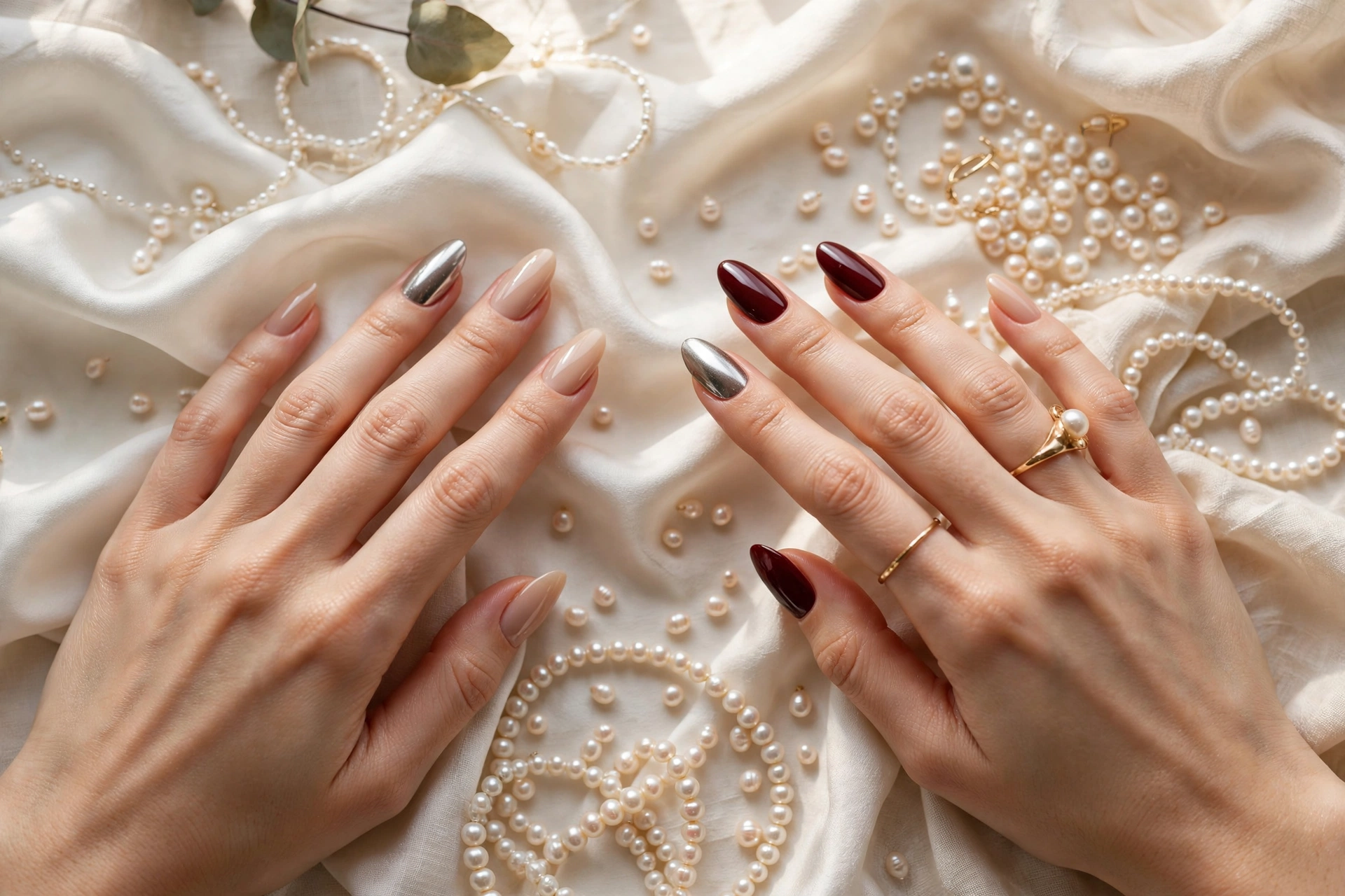 Elegant almond nail designs in nude, burgundy and chrome finishes