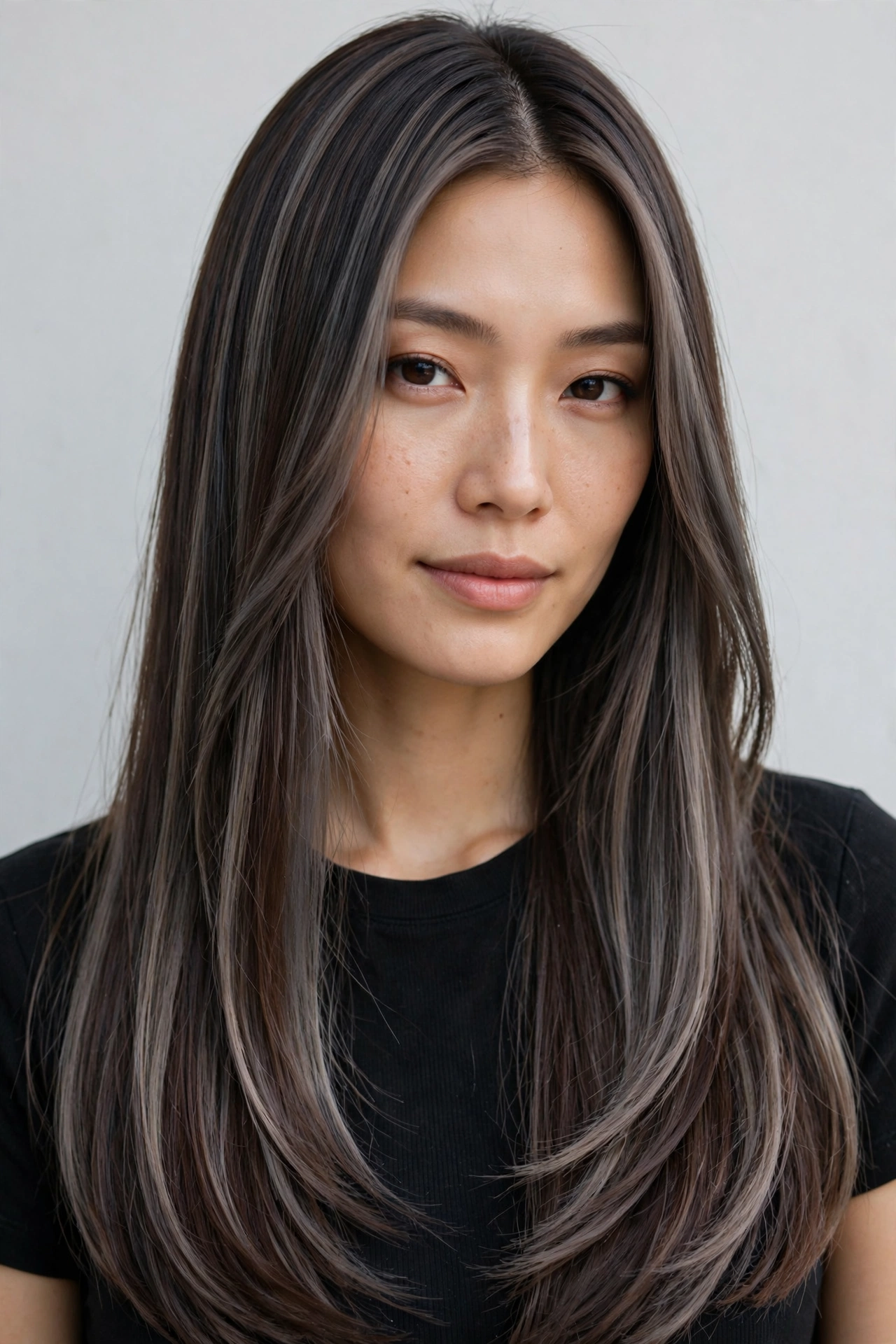 Woman with ash brown balayage, a cool-toned pick from balayage hair color ideas