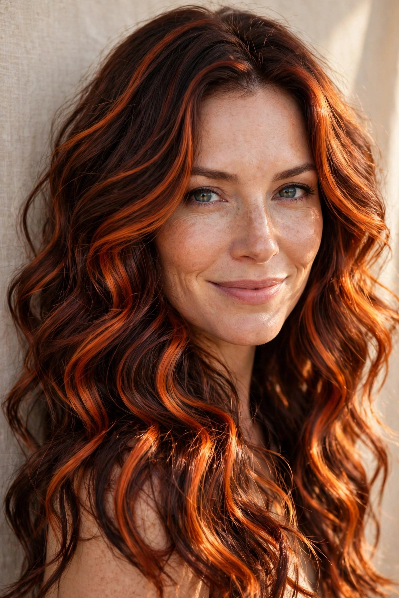 Woman with copper balayage hair color, a bold choice among balayage hair color ideas