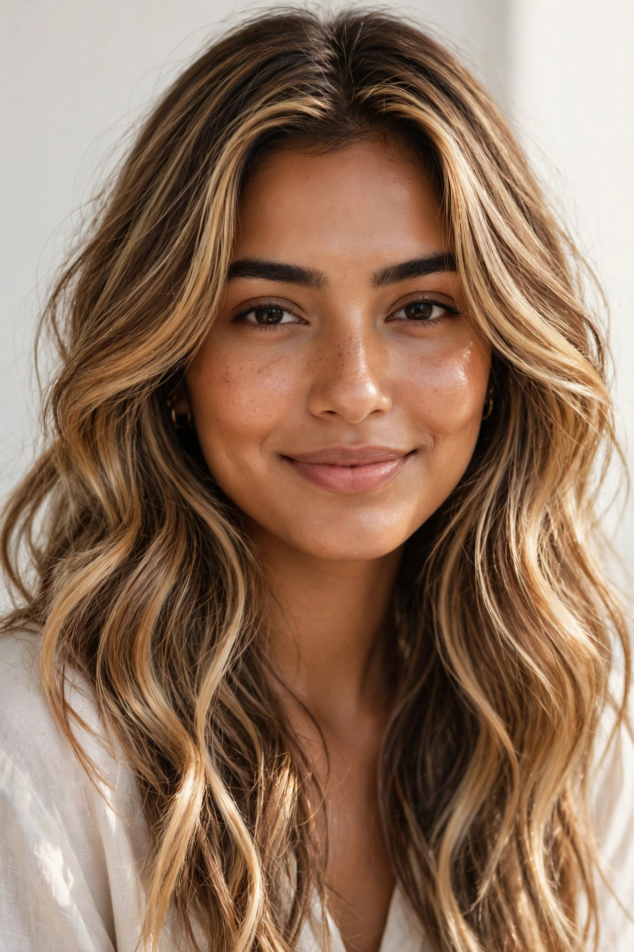Woman with golden bronde balayage, a natural-looking balayage hair color idea