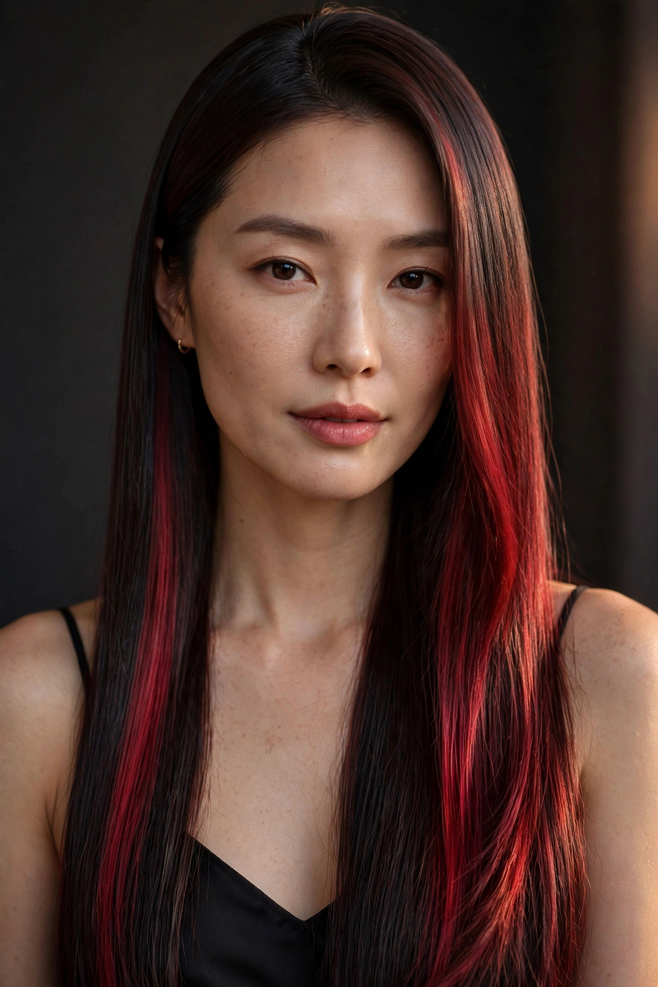 Woman with dark cherry balayage hair color, a rich balayage hair color idea