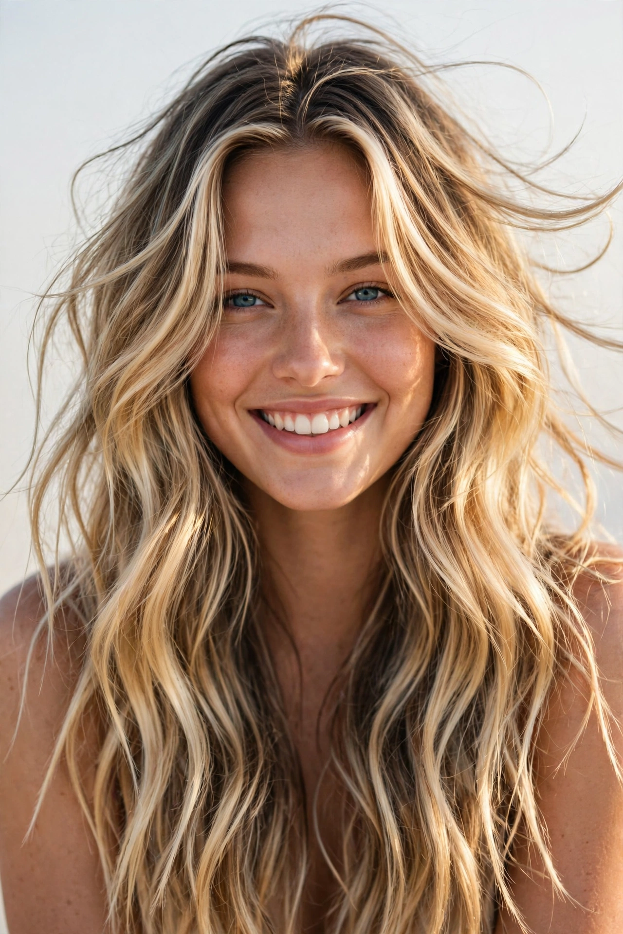 Woman with beachy blonde balayage, a sun-kissed balayage hair color idea
