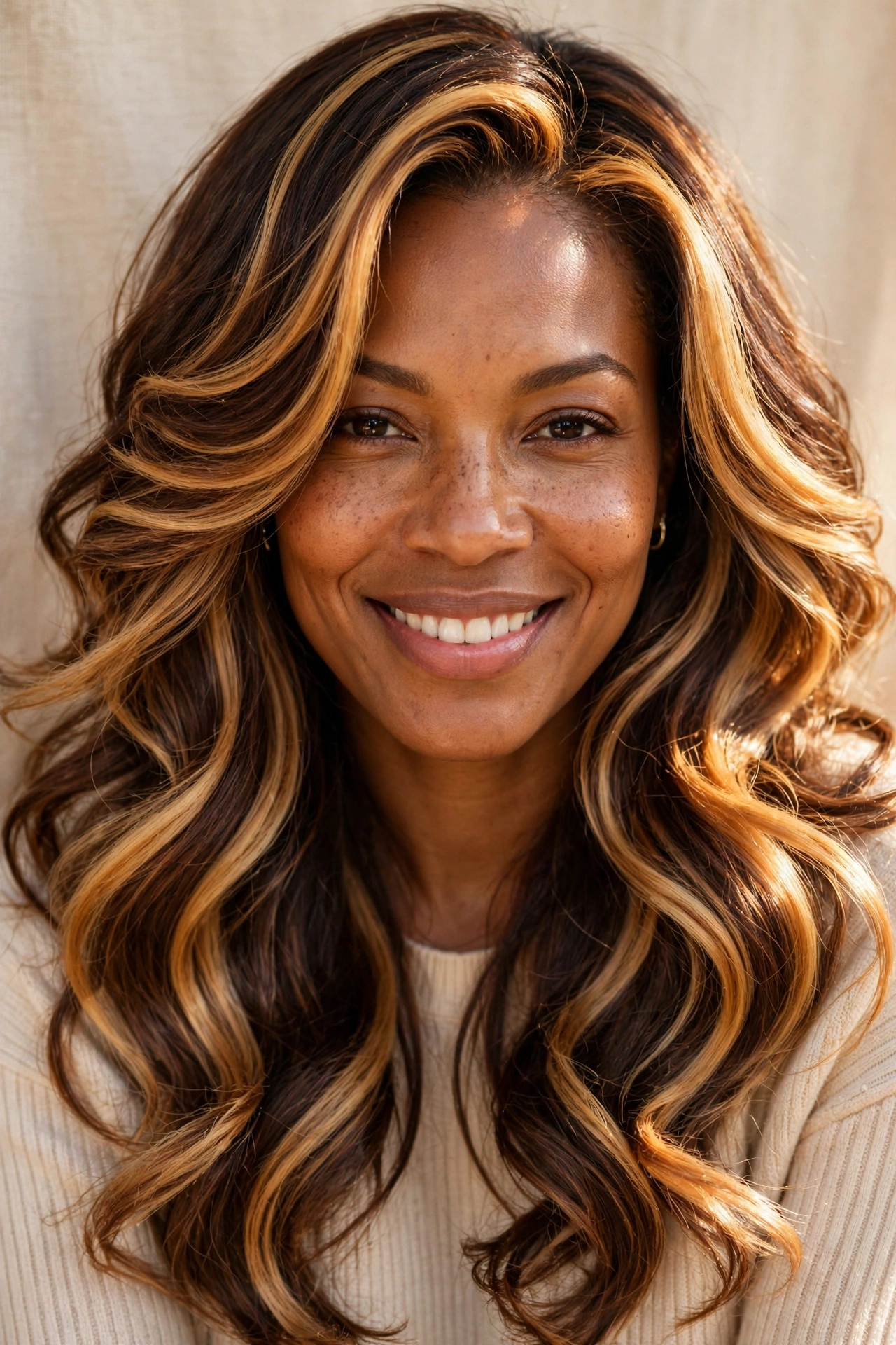 Woman with toffee balayage hair color, a warm balayage hair color idea
