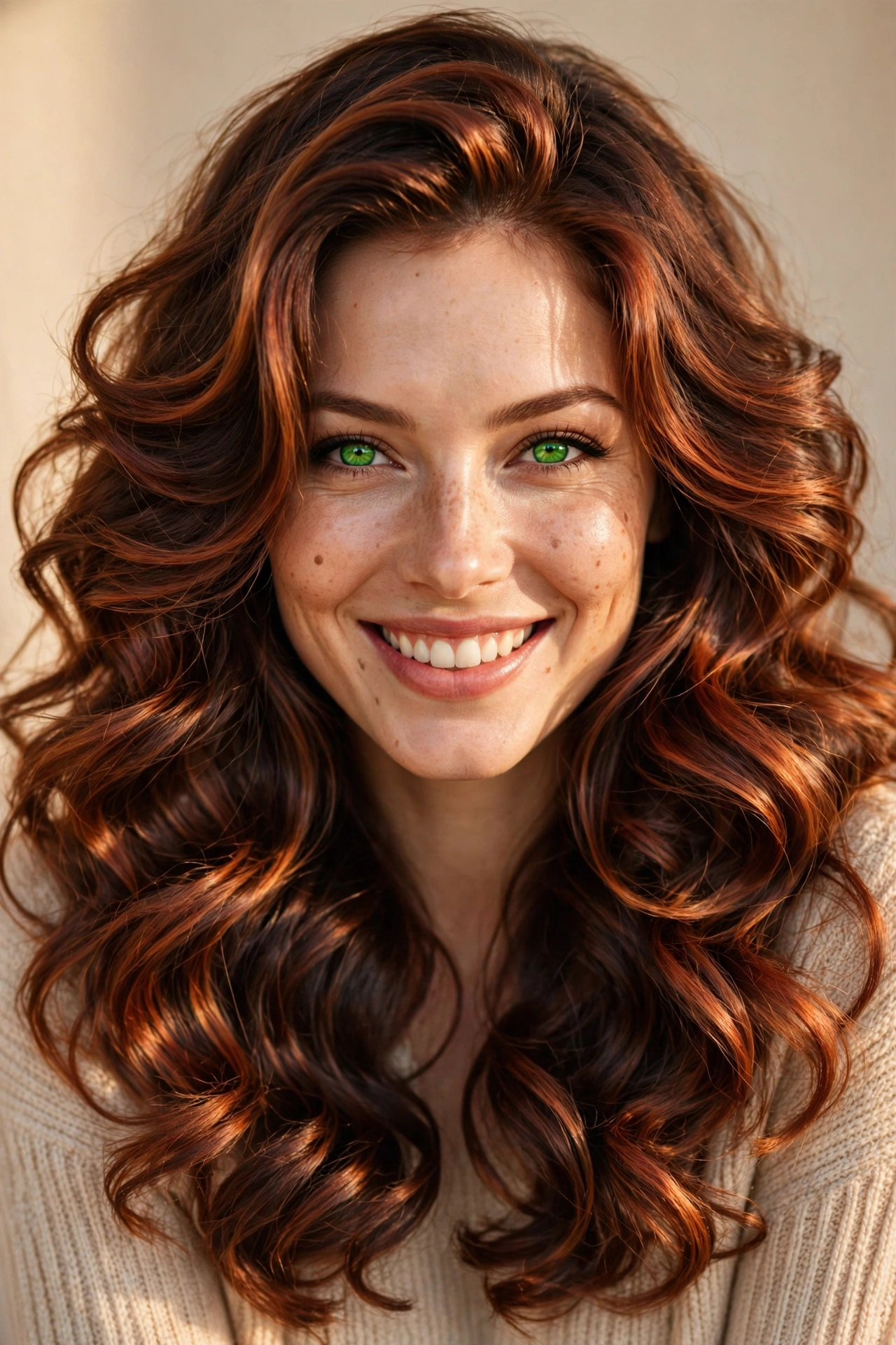 Woman with warm auburn balayage hair color, a rich red balayage hair color idea