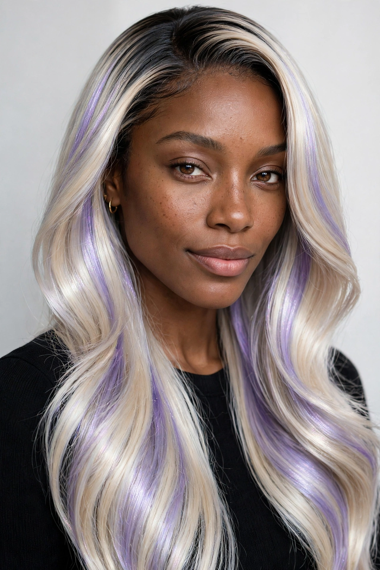 Woman with pearl blonde balayage, a luminous balayage hair color idea