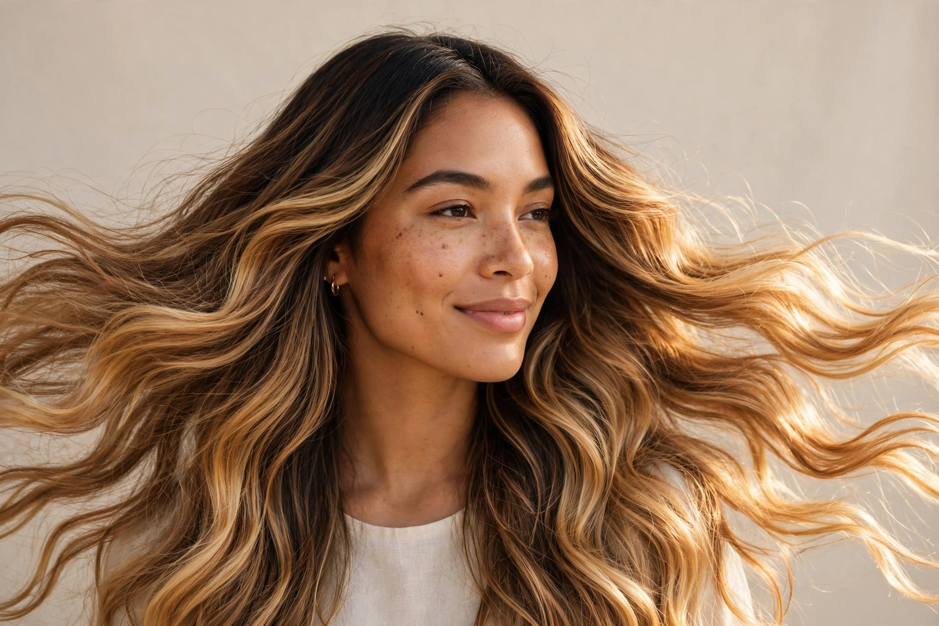 Woman with sun-kissed balayage hair color, one of the best balayage hair color ideas for a lived-in look