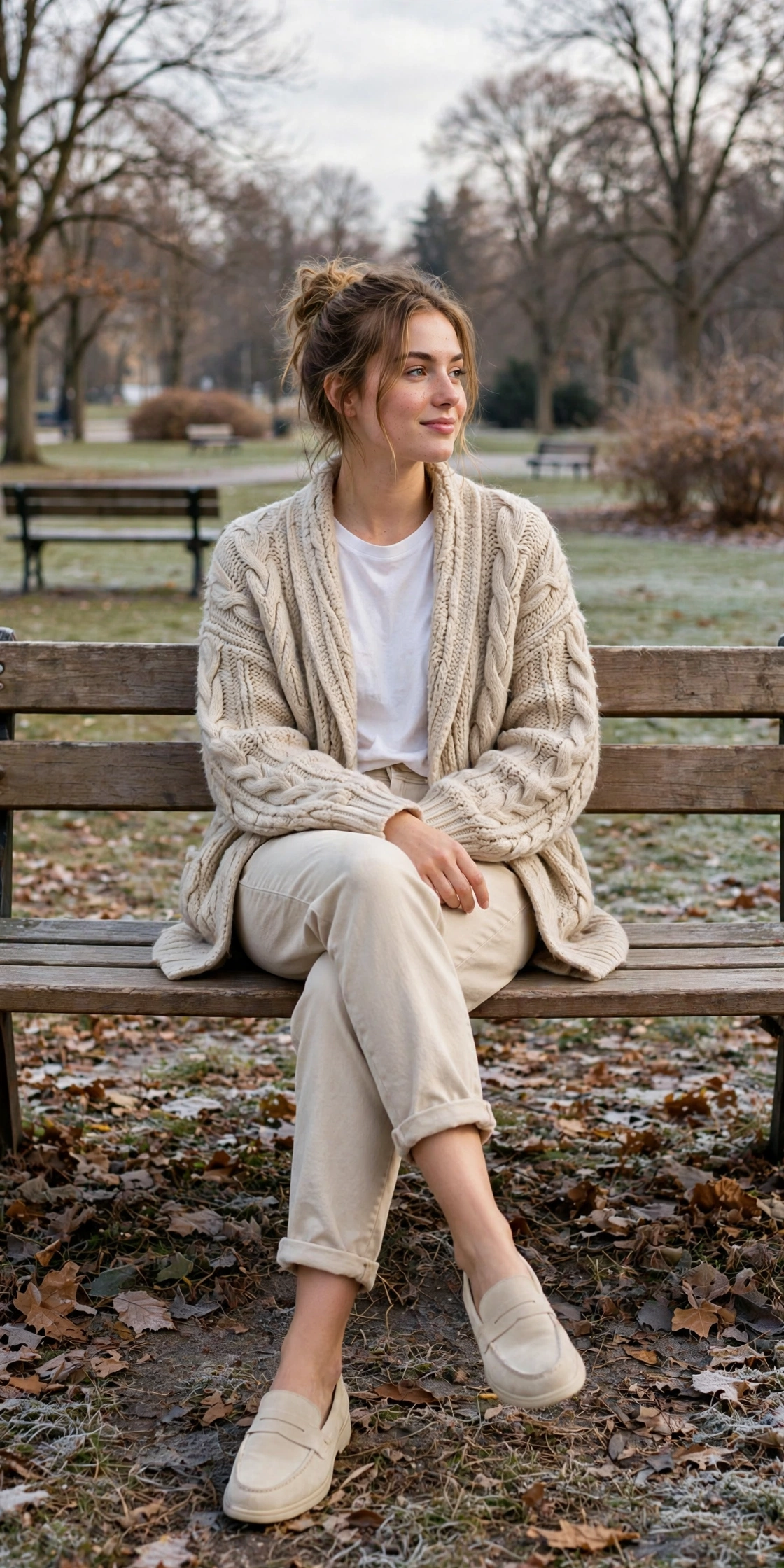 Woman in a taupe turtleneck with cream wide-leg trousers and loafers