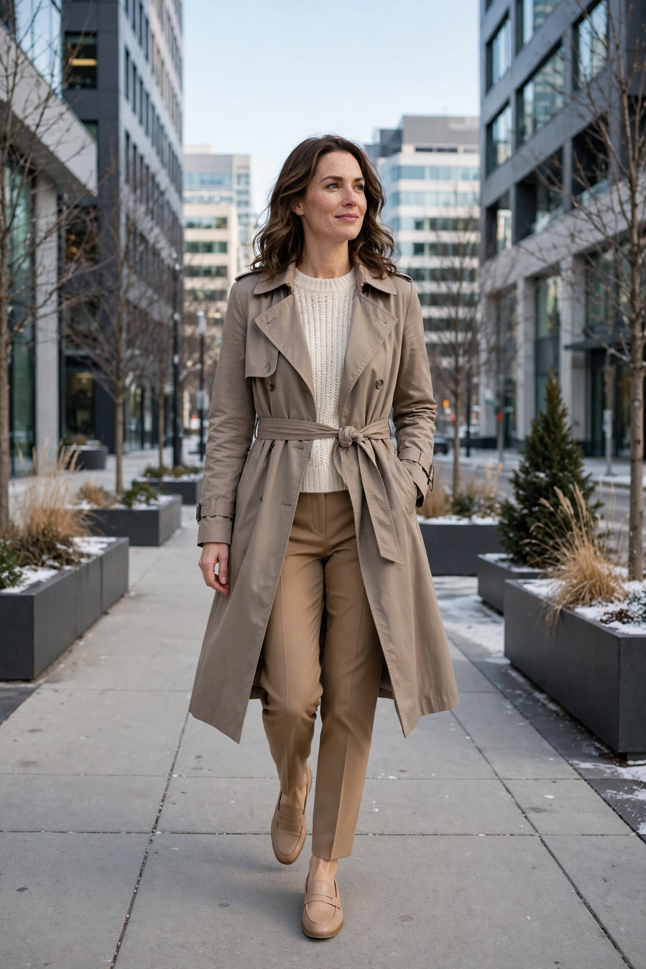 Woman wearing an oatmeal sweater dress with tan knee-high boots and a wool scarf