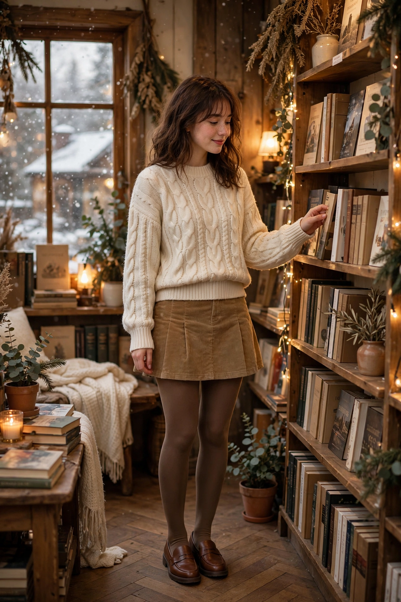 Woman wearing a chocolate brown sweater with a camel pleated midi skirt and boots