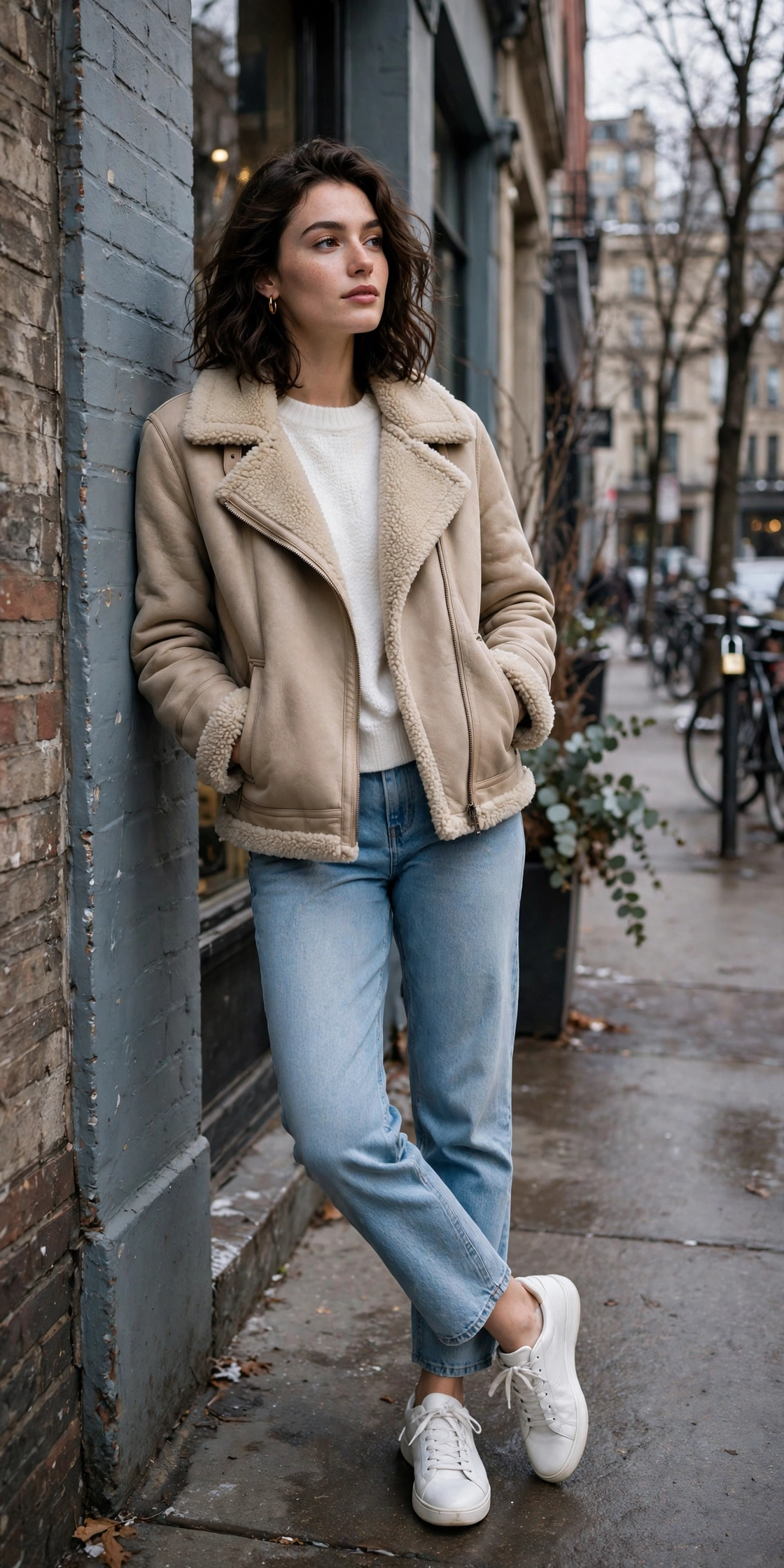 Woman in an ivory turtleneck with tan leather pants and ankle boots