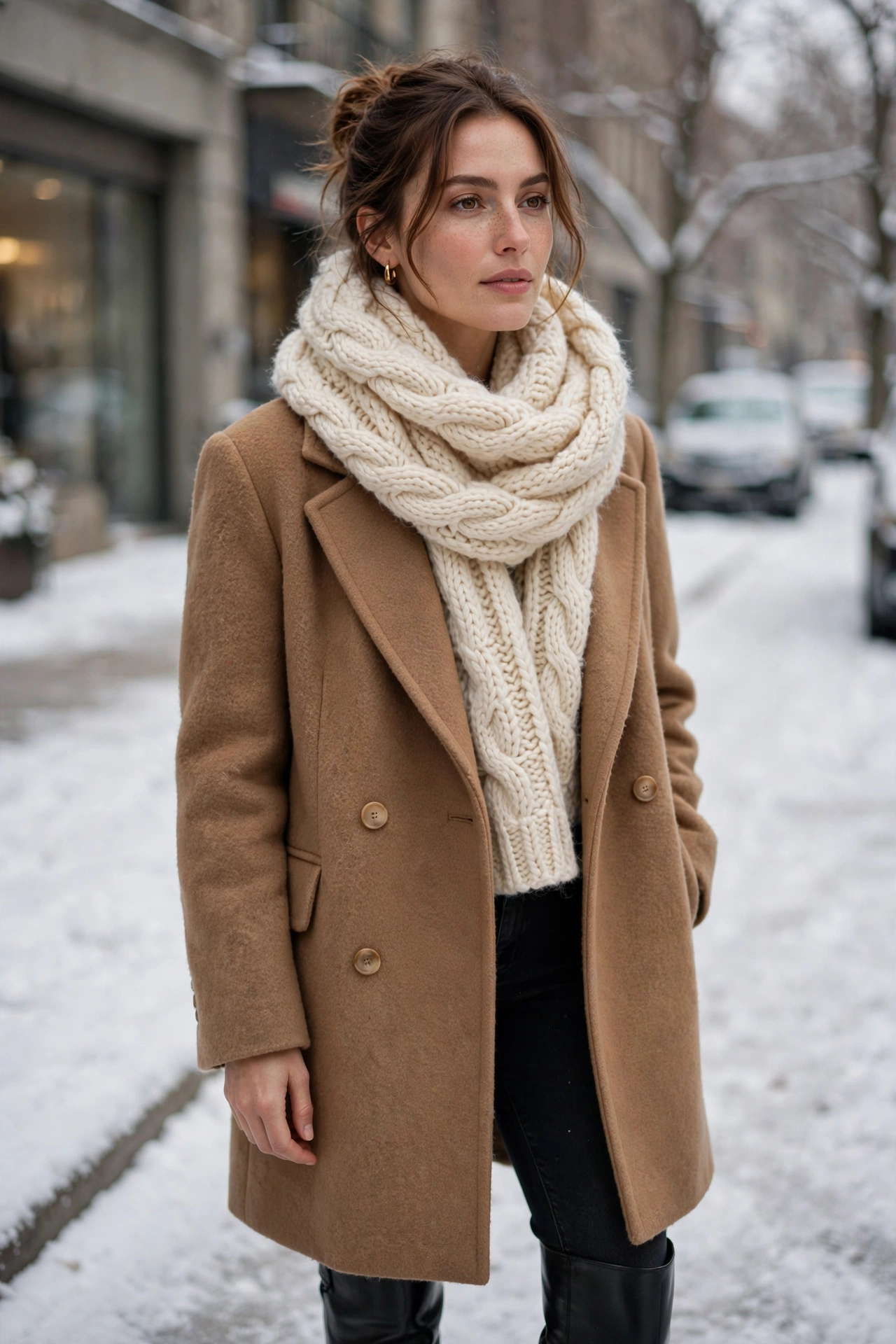 Woman in a beige trench coat over a taupe knit dress with knee-high boots