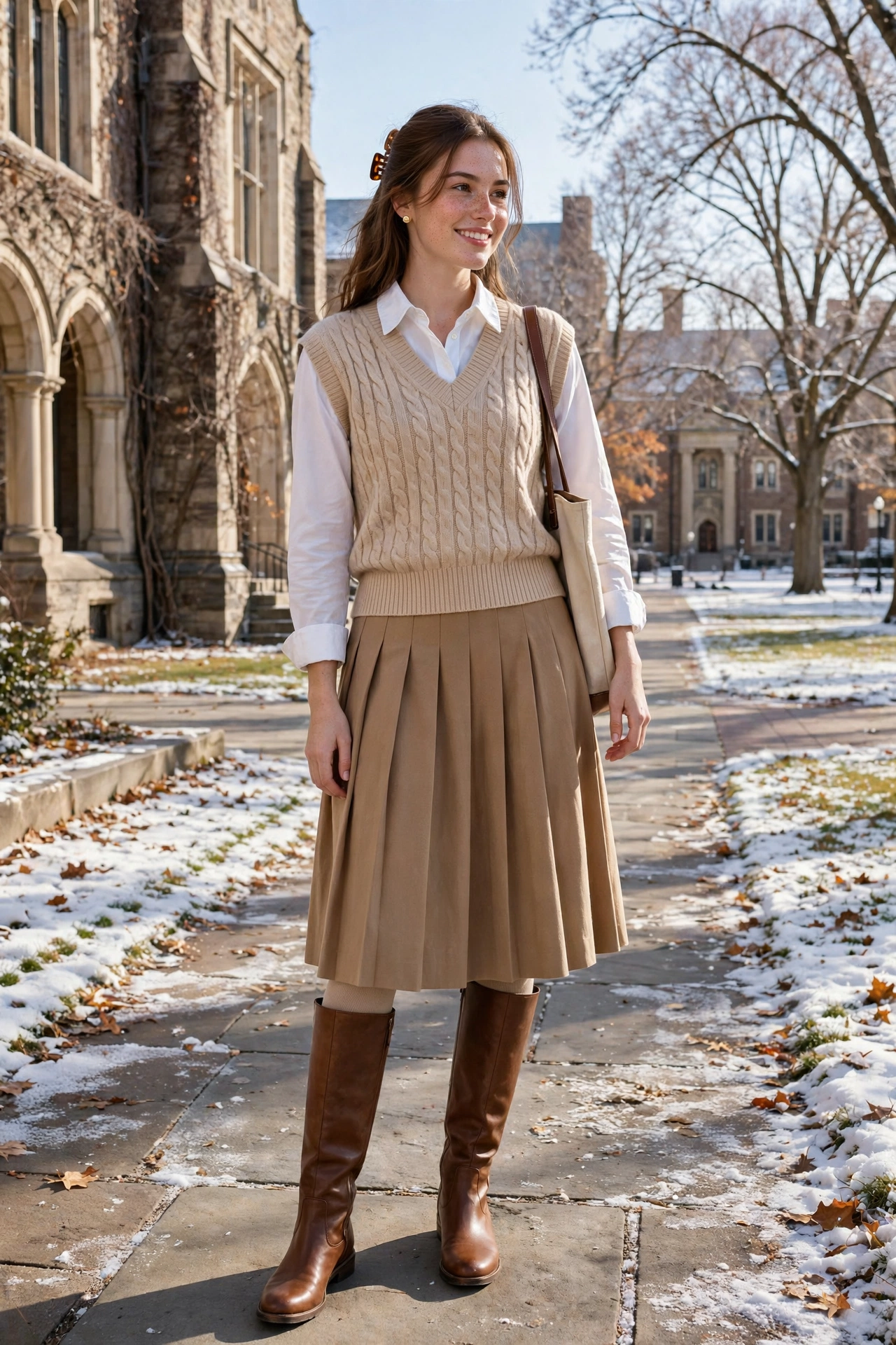 Woman in a camel wrap coat over a cream sweater dress with brown boots