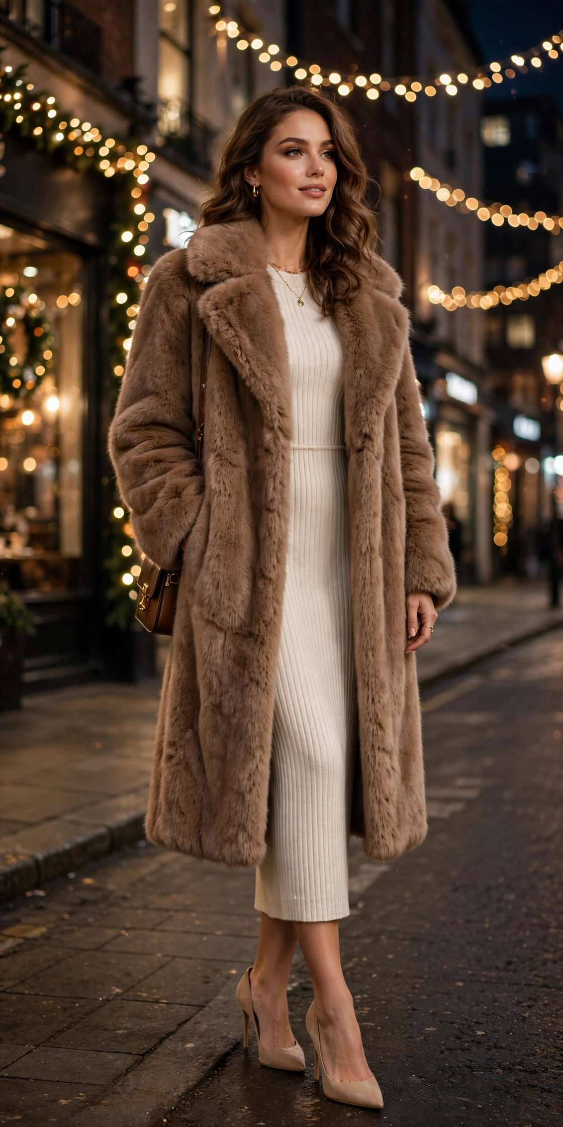 Woman wearing a cream cable-knit sweater with brown corduroy pants and suede boots