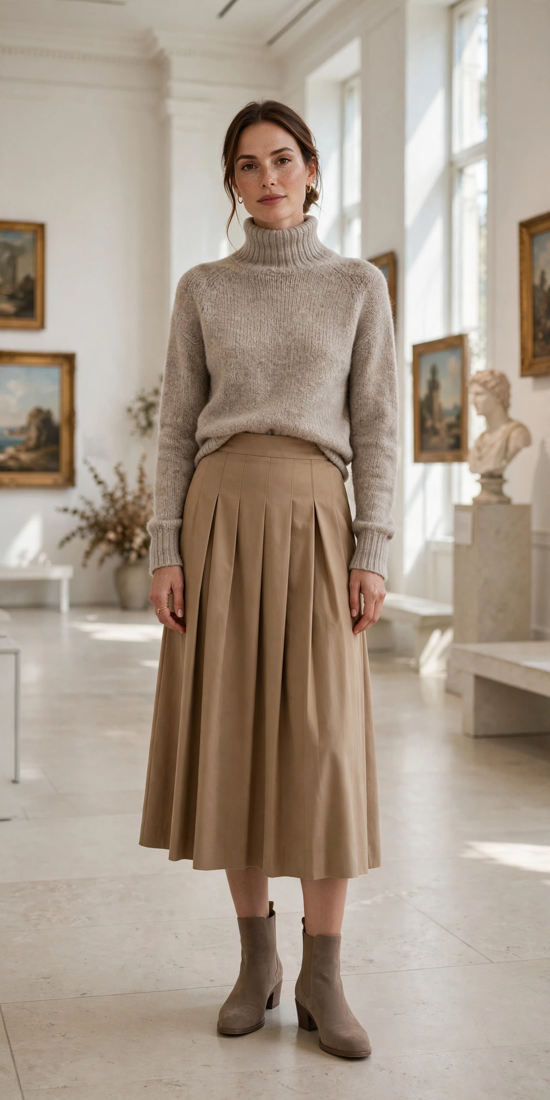 Woman in a nude turtleneck bodysuit with a beige plaid wool coat and jeans