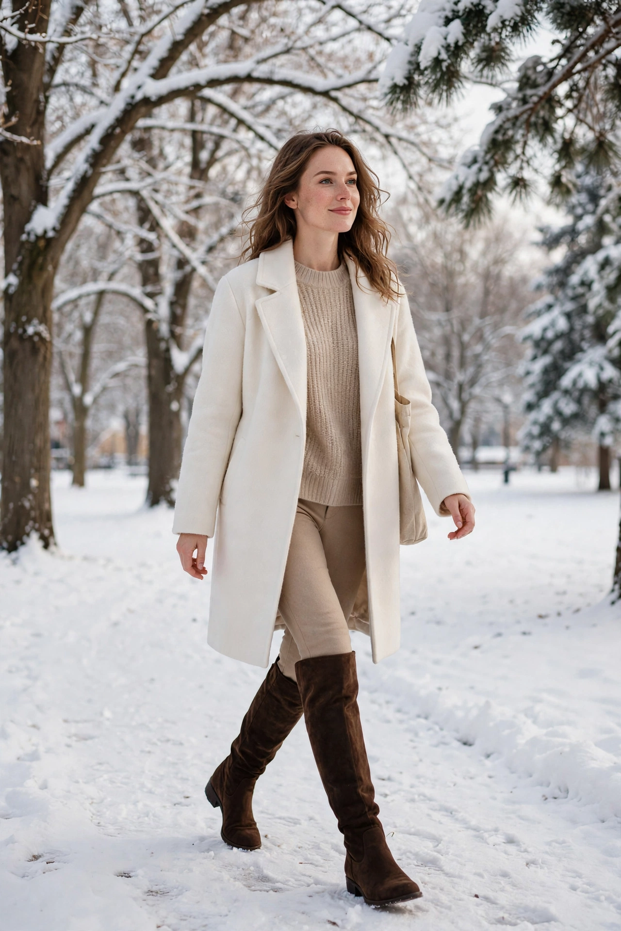 Woman in a beige faux fur coat over black top and jeans with ankle boots