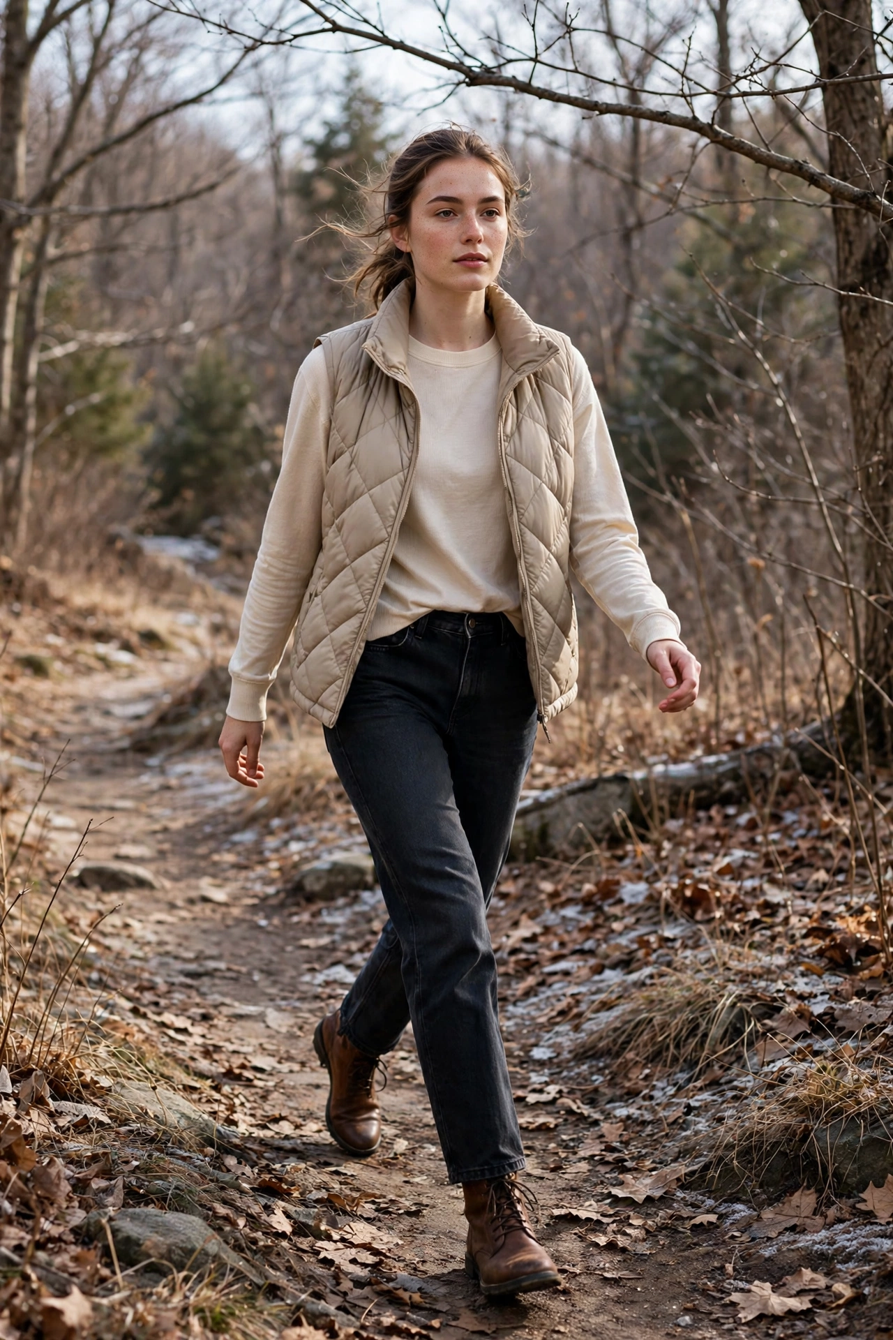 Woman in an oatmeal hoodie with matching joggers and white sneakers at home