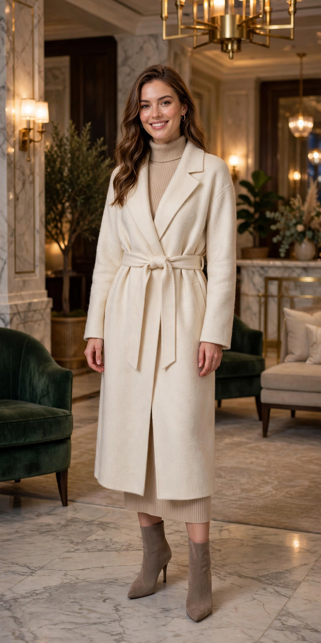 Woman wearing a camel turtleneck with a beige houndstooth midi skirt and boots