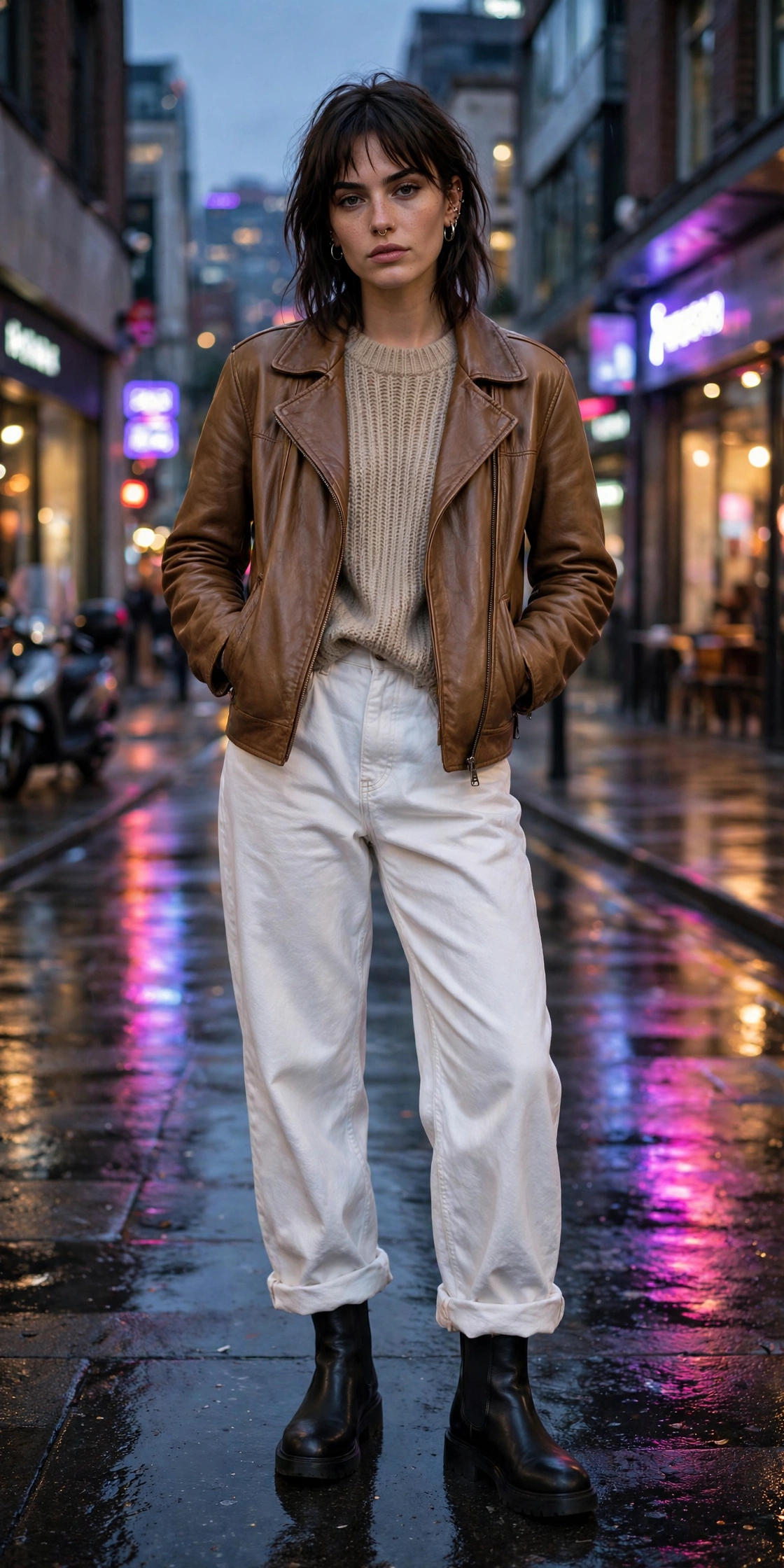 Woman in all-beige layered outfit with a patterned statement scarf and brown boots