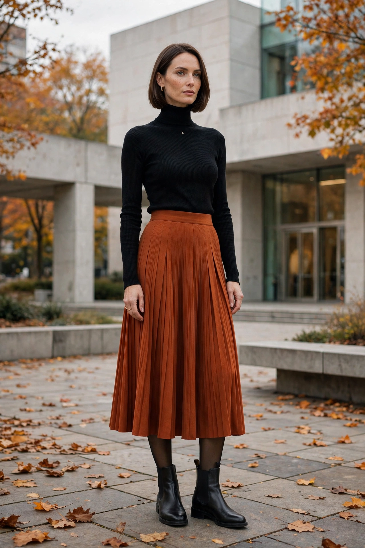 Black Chelsea boots with pleated midi skirt and turtleneck