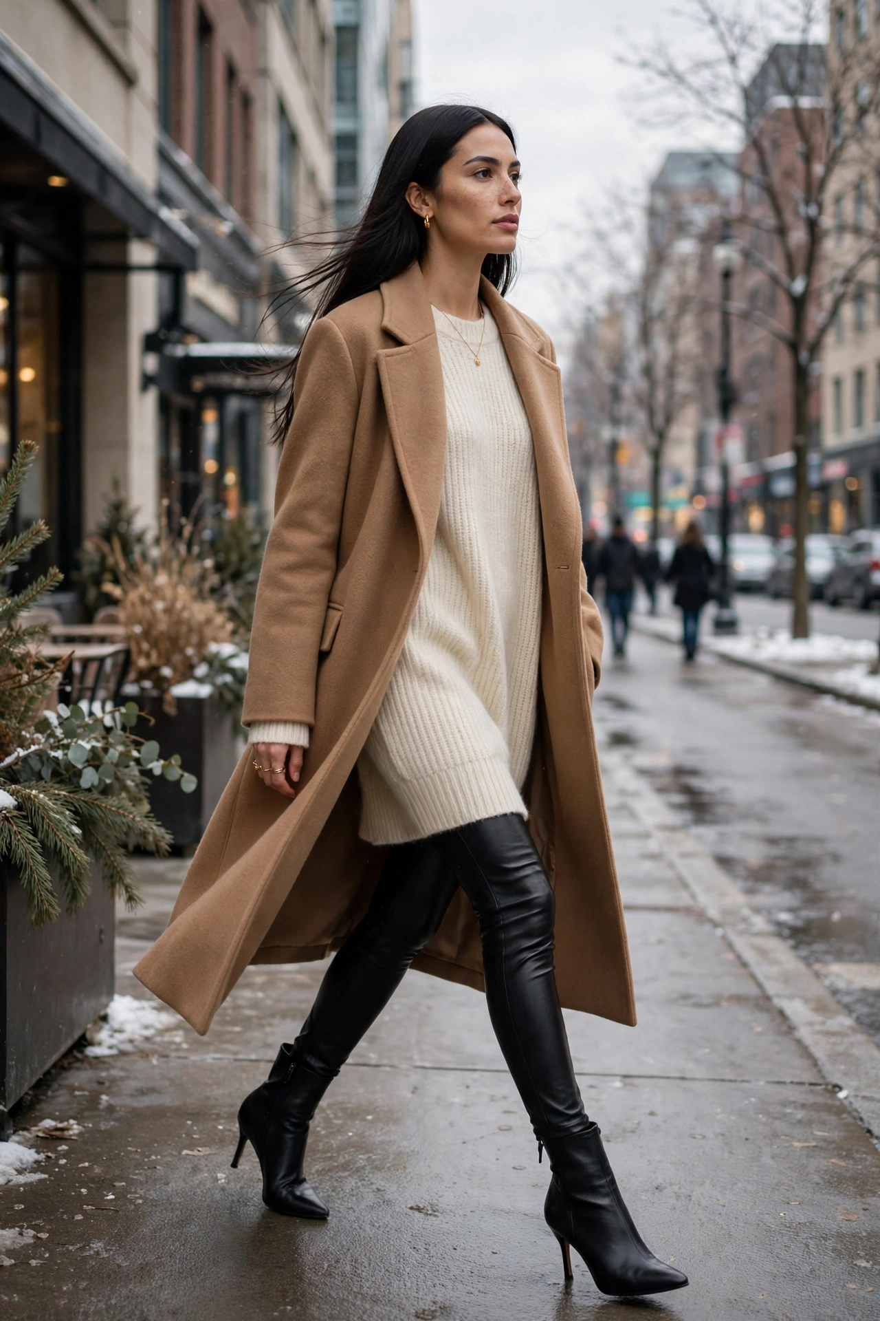 Black ankle boots with leather leggings and long wool coat