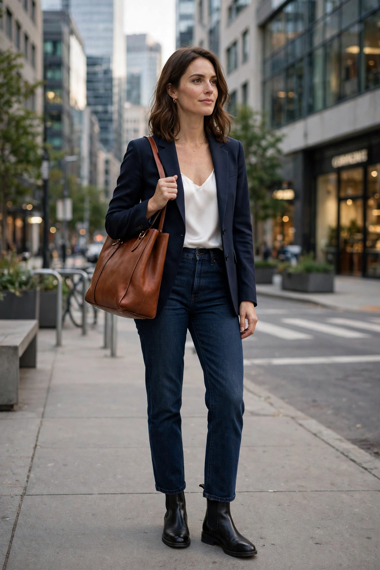 Black Chelsea boots with straight-leg jeans and blazer smart casual