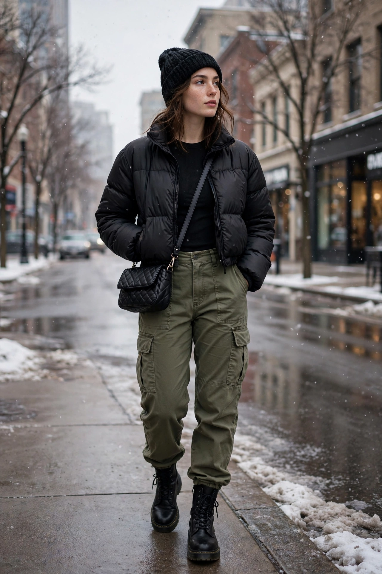 Black combat boots with cargo pants and cropped puffer jacket