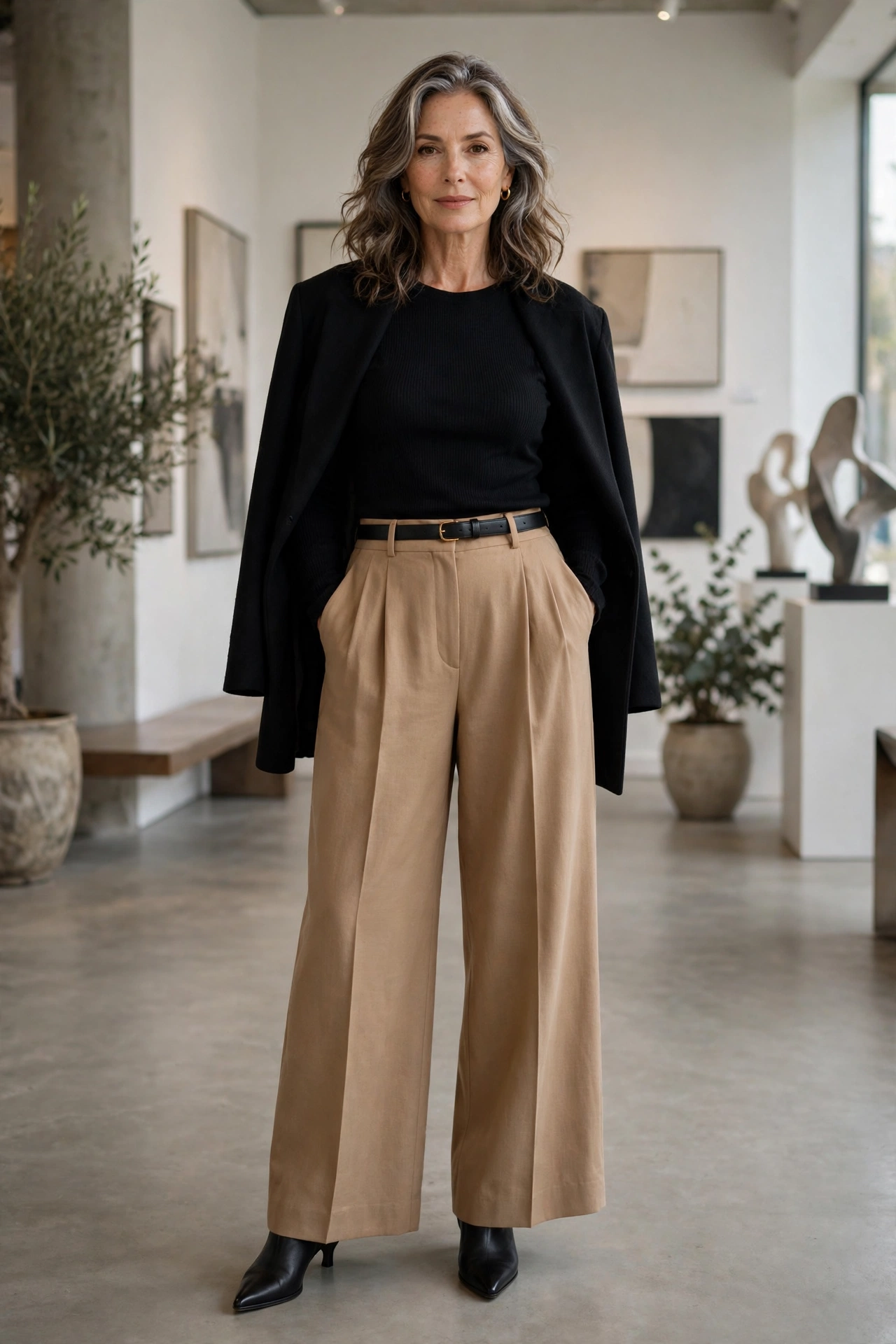 Black ankle boots with wide-leg trousers and fitted knit top